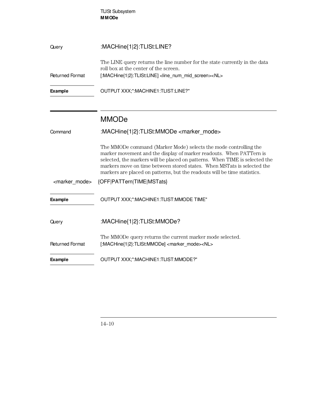 HP 16555A, 16555D, 16554A manual QueryMACHine12TLIStLINE?, CommandMACHine12TLIStMMODe markermode, MACHine12TLIStMMODe?, 14-10 