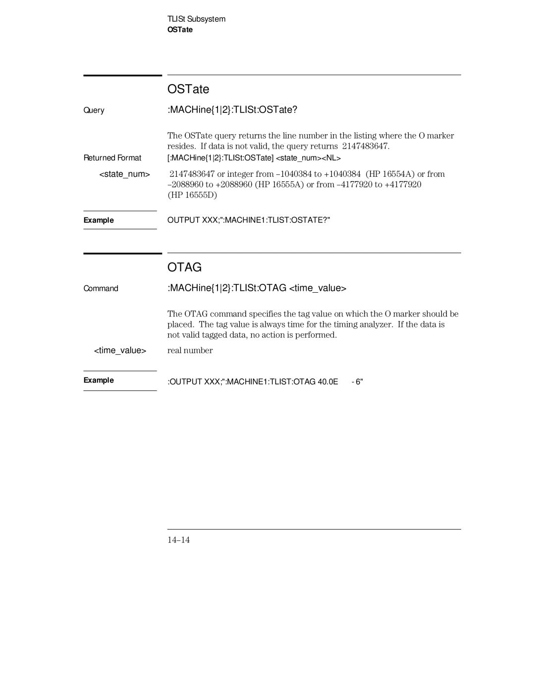 HP 16554A, 16555D, 16555A manual QueryMACHine12TLIStOSTate?, MACHine12TLIStOTAG timevalue, 14-14 