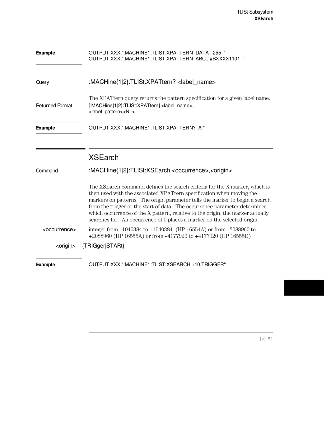 HP 16555D, 16555A, 16554A manual MACHine12TLIStXPATtern? labelname, MACHine12TLIStXSEarch occurrence,origin, 14-21 