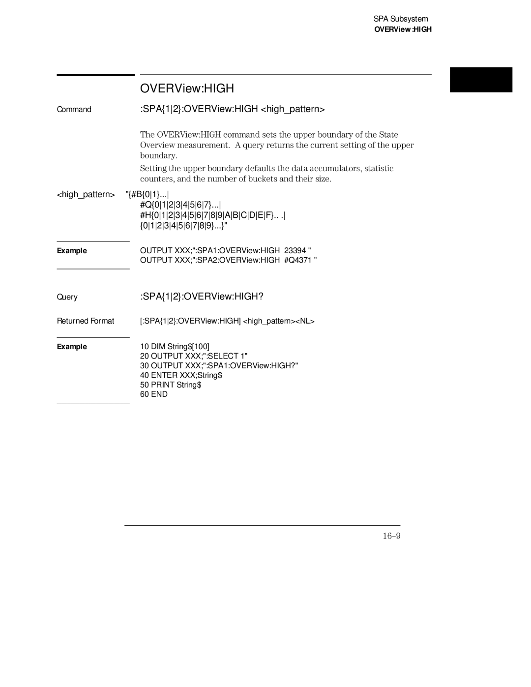 HP 16554A, 16555D, 16555A manual CommandSPA12OVERViewHIGH highpattern, SPA12OVERViewHIGH?, 16-9 