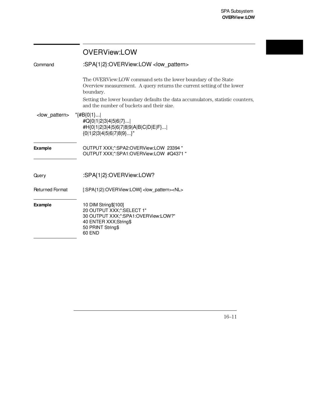 HP 16555A, 16555D, 16554A manual CommandSPA12OVERViewLOW lowpattern, SPA12OVERViewLOW?, 16-11 