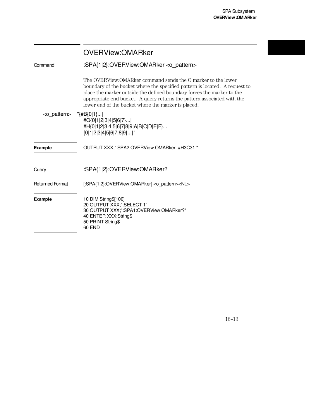 HP 16555D, 16555A, 16554A manual CommandSPA12OVERViewOMARker opattern, SPA12OVERViewOMARker?, 16-13 