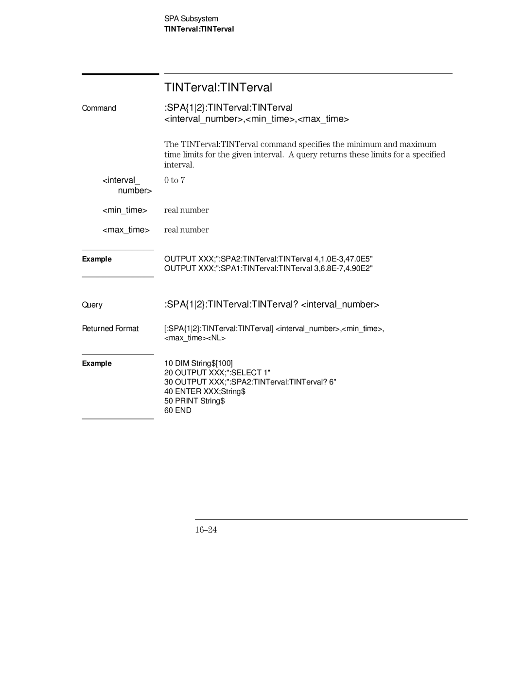 HP 16554A manual SPA12TINTervalTINTerval? intervalnumber, SPA12TINTervalTINTerval intervalnumber,mintime,maxtime, 16-24 