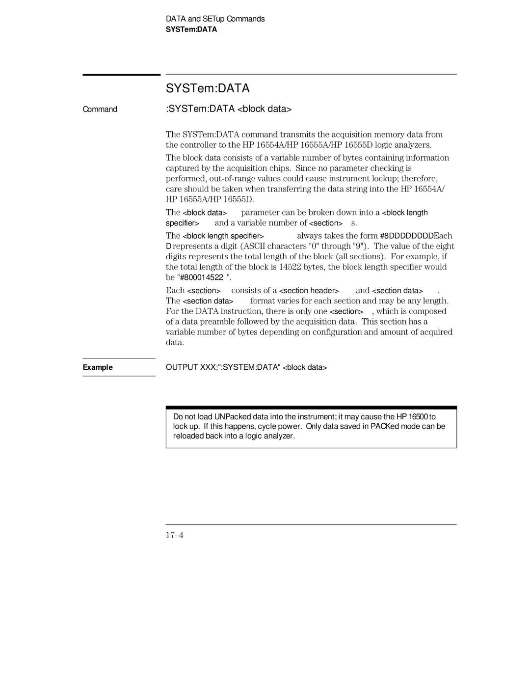 HP 16554A, 16555D, 16555A manual SYSTemDATA block data, 17-4 