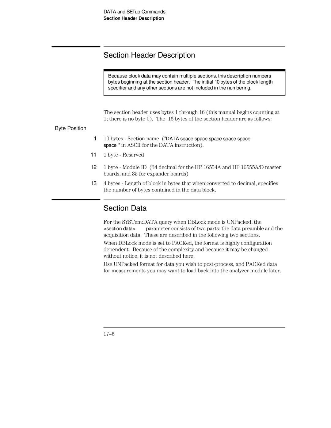 HP 16555A, 16555D, 16554A manual Section Header Description, Section Data, 17-6 