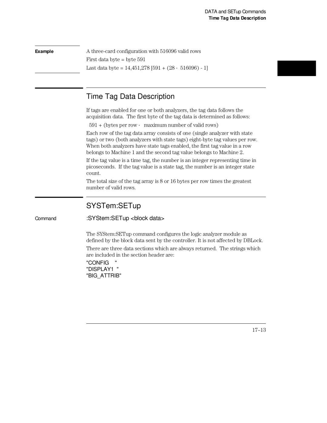 HP 16554A, 16555D, 16555A manual Time Tag Data Description, SYSTemSETup, SYStemSETup block data 