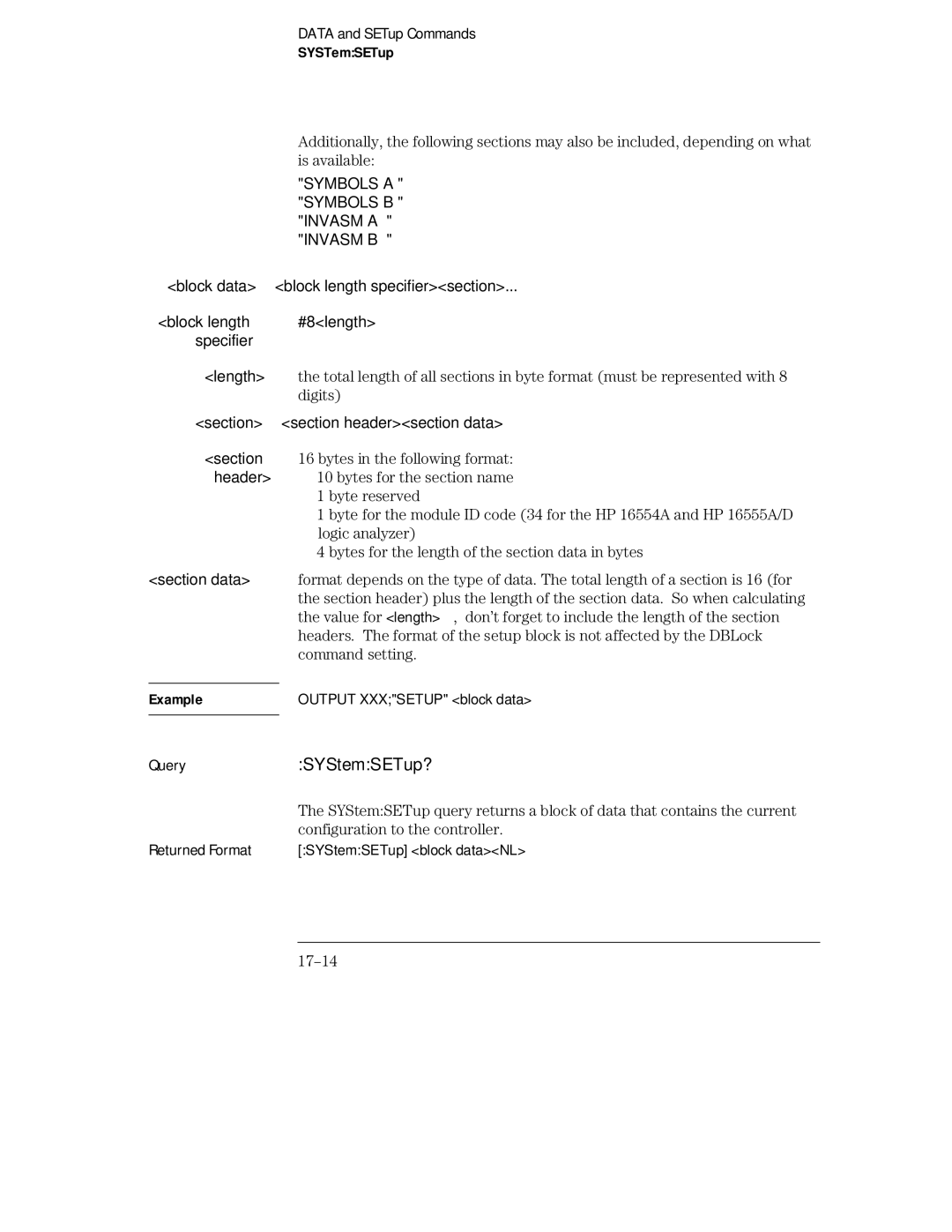 HP 16555D, 16555A, 16554A manual QuerySYStemSETup?, SYSTemSETup, 17-14 