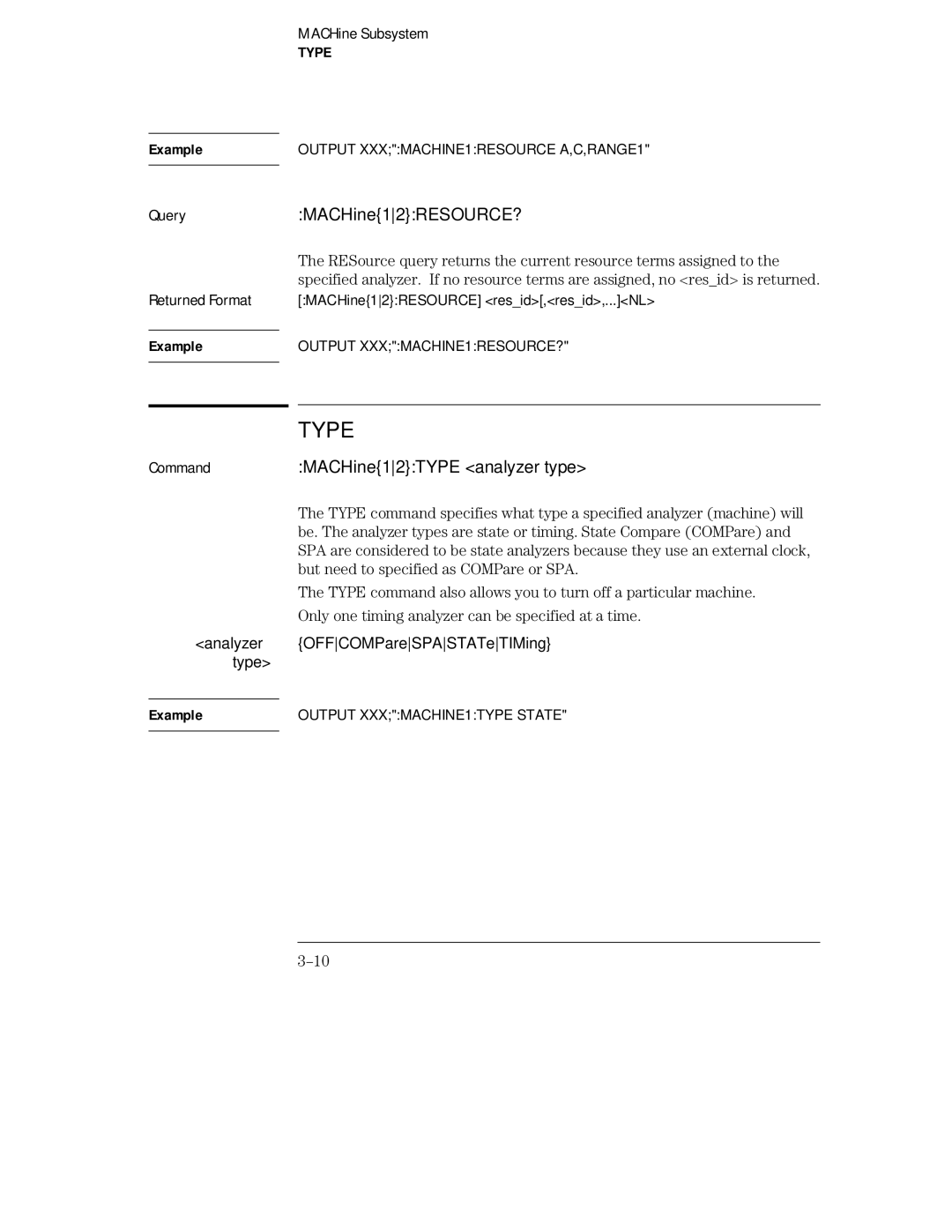 HP 16555D, 16555A, 16554A manual Type, QueryMACHine12RESOURCE?, CommandMACHine12TYPE analyzer type 