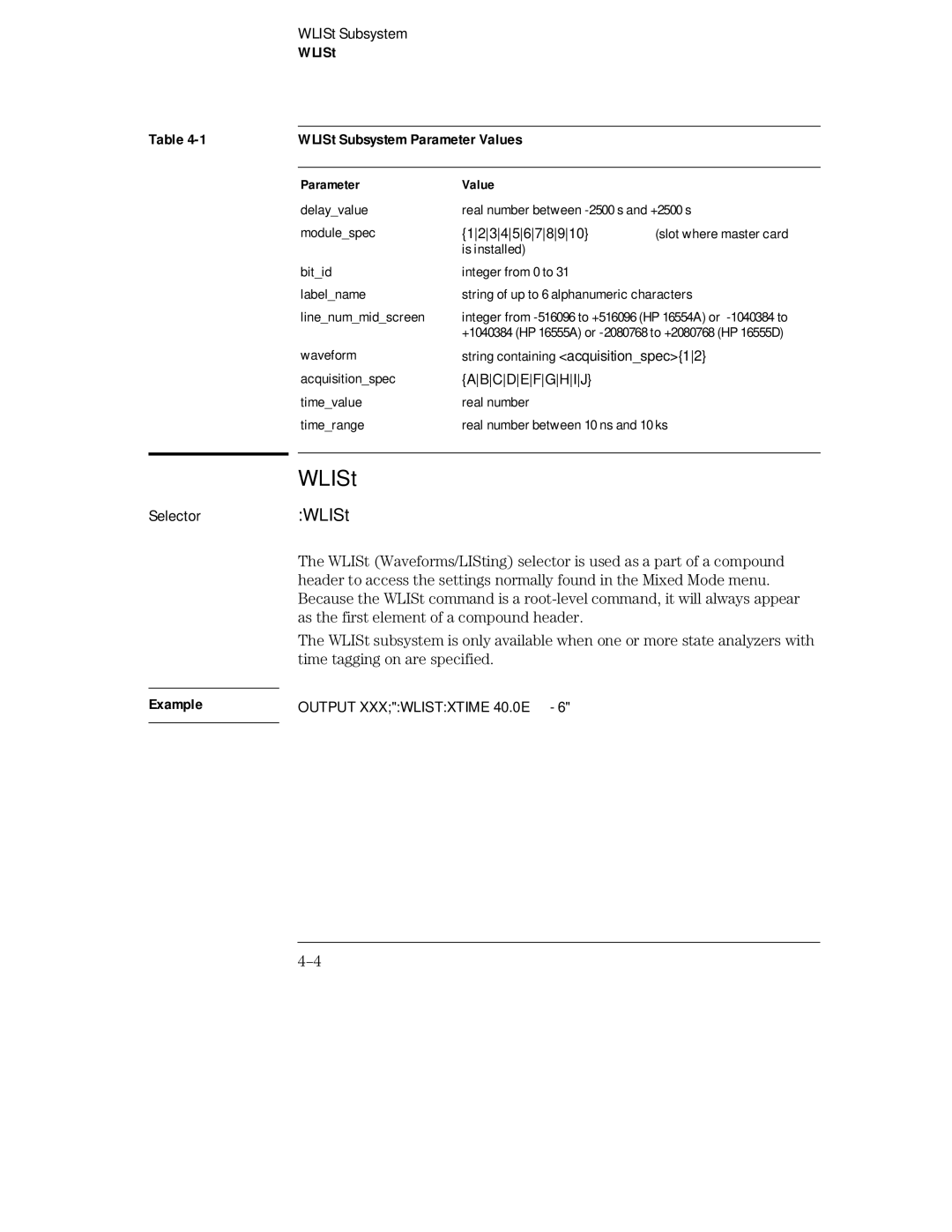 HP 16555D, 16555A, 16554A manual Example, WLISt WLISt Subsystem Parameter Values 