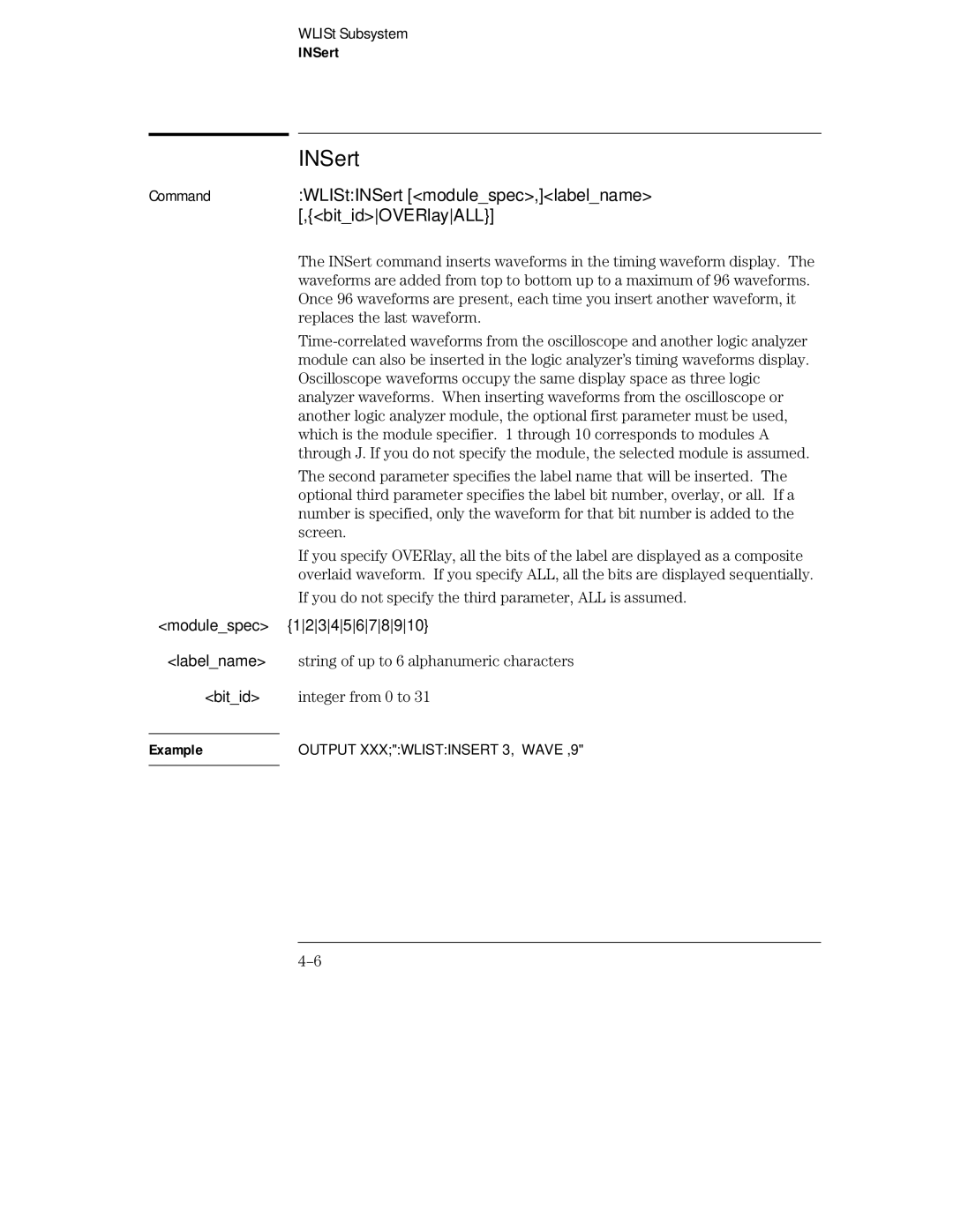 HP 16554A, 16555D, 16555A manual CommandWLIStINSert modulespec,labelname ,bitidOVERlayALL 