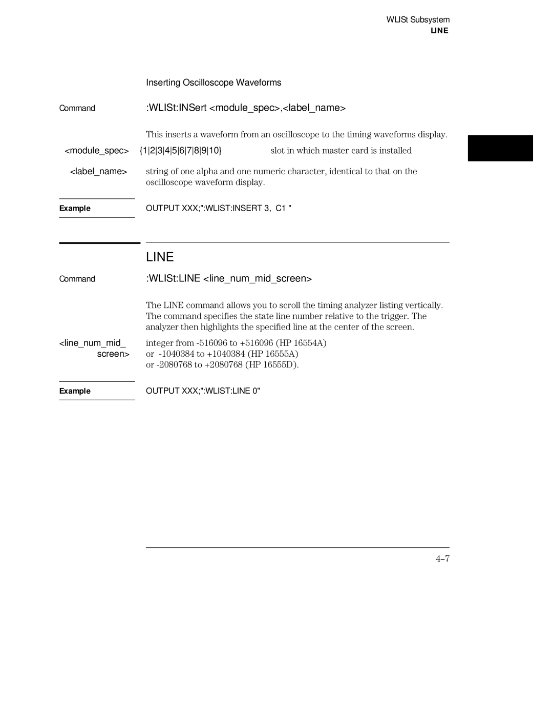 HP 16555D, 16555A, 16554A manual Line, CommandWLIStINSert modulespec,labelname, WLIStLINE linenummidscreen 