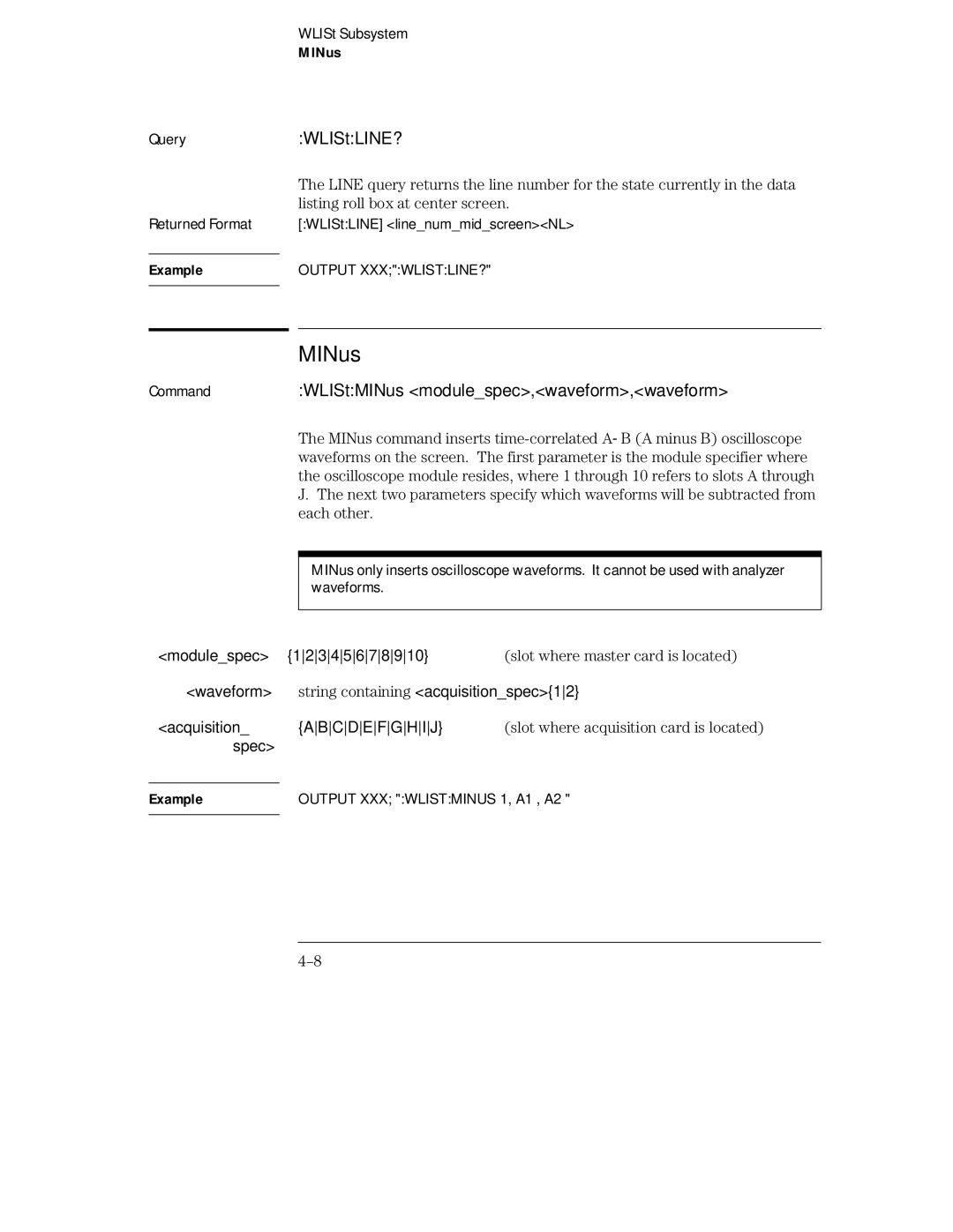 HP 16555A, 16555D, 16554A manual QueryWLIStLINE?, CommandWLIStMINus modulespec,waveform,waveform 