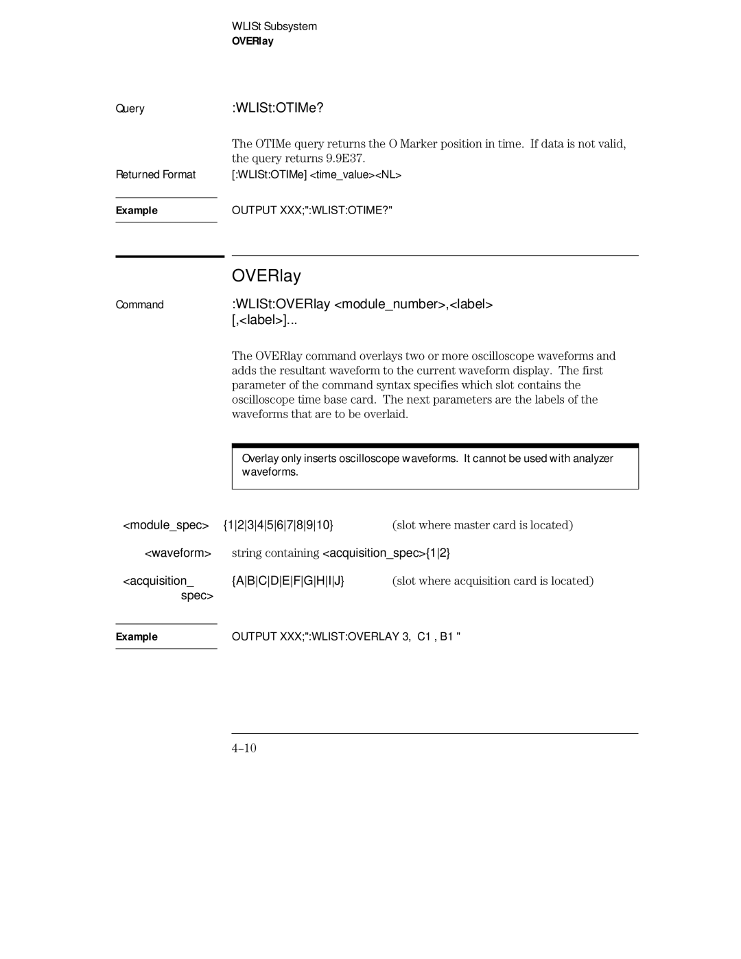 HP 16555D, 16555A, 16554A manual WLIStOTIMe?, WLIStOVERlay modulenumber,label, Label 