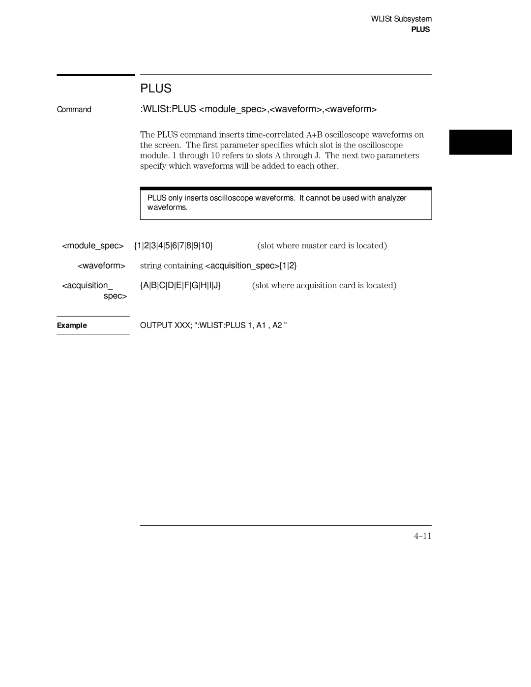 HP 16555A, 16555D, 16554A Plus, WLIStPLUS modulespec,waveform,waveform, Specify which waveforms will be added to each other 