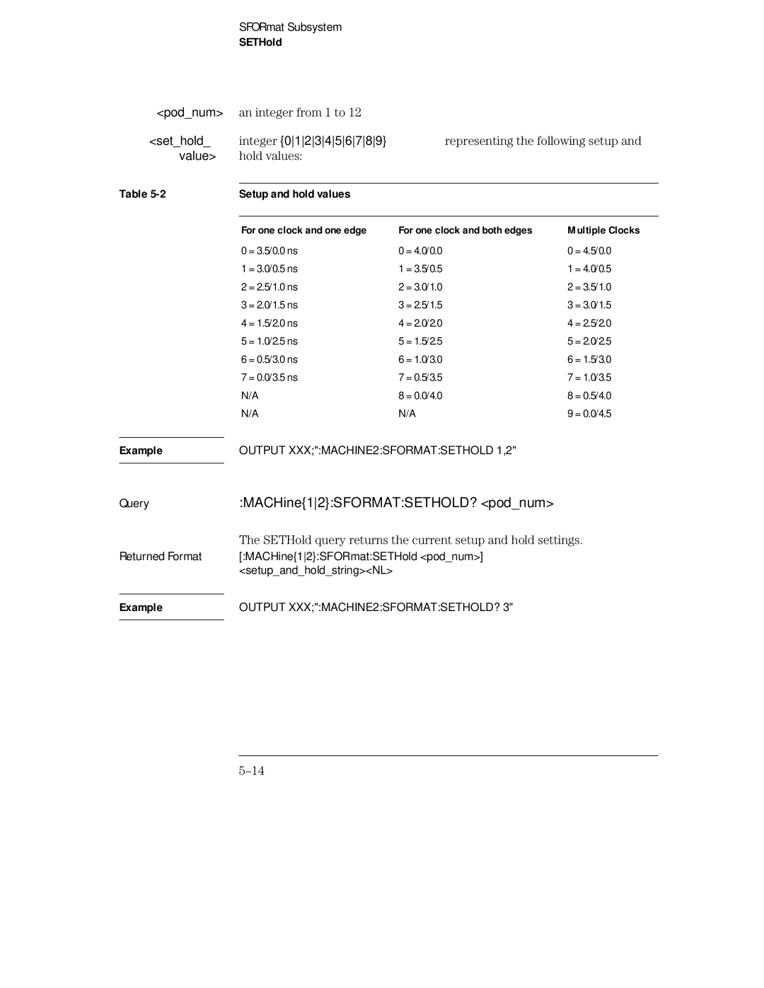 HP 16555D, 16555A, 16554A manual MACHine12SFORMATSETHOLD? podnum, SETHold, Setup and hold values 