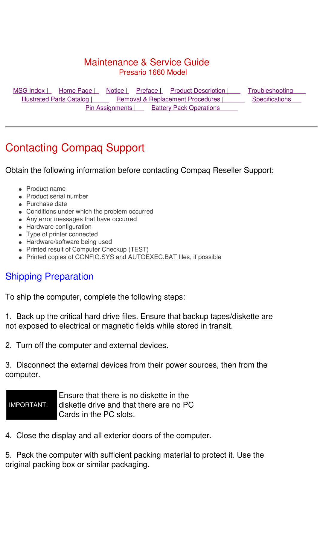 HP 1660 manual Contacting Compaq Support, Shipping Preparation 