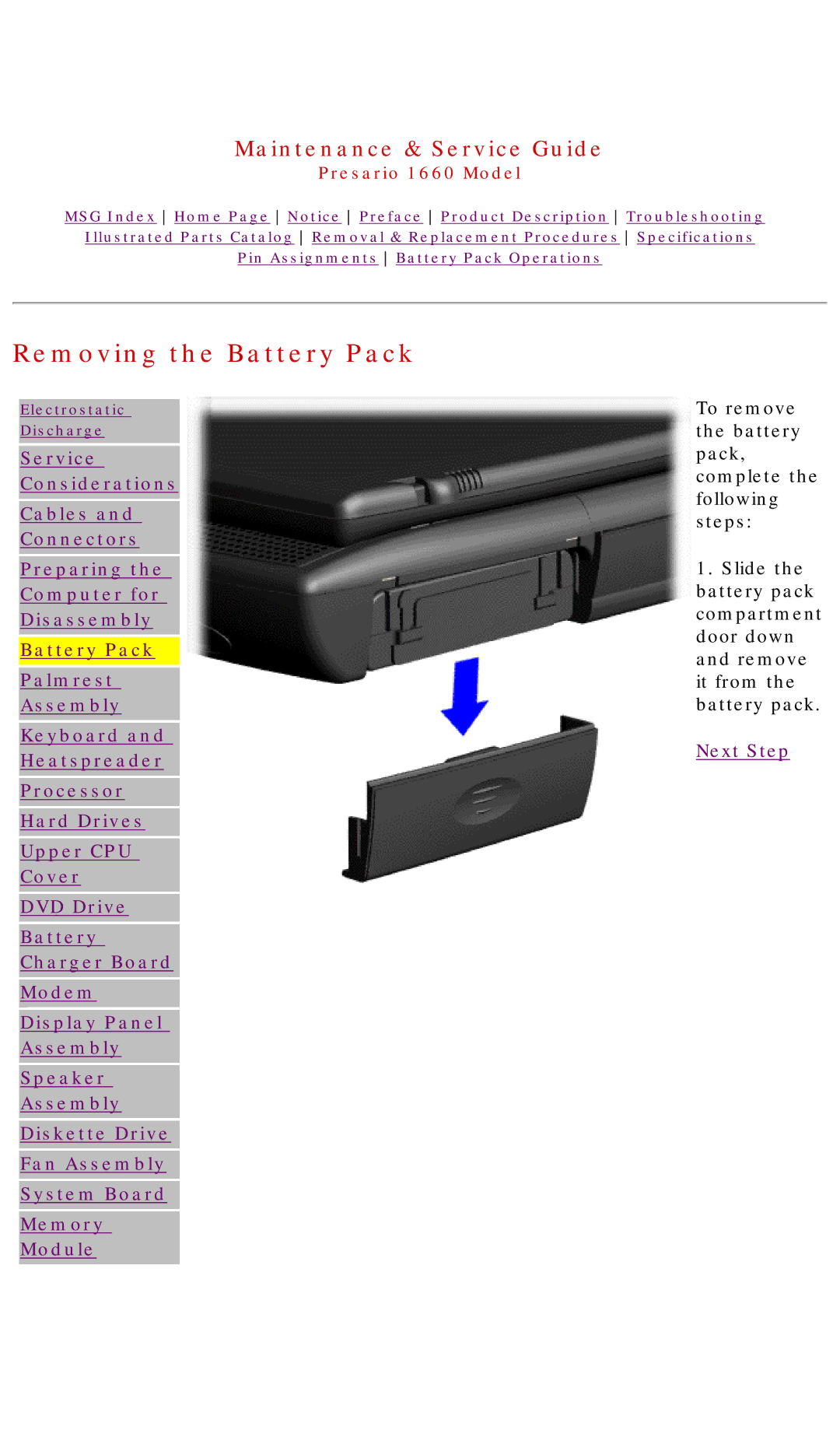 HP 1660 manual Removing the Battery Pack 