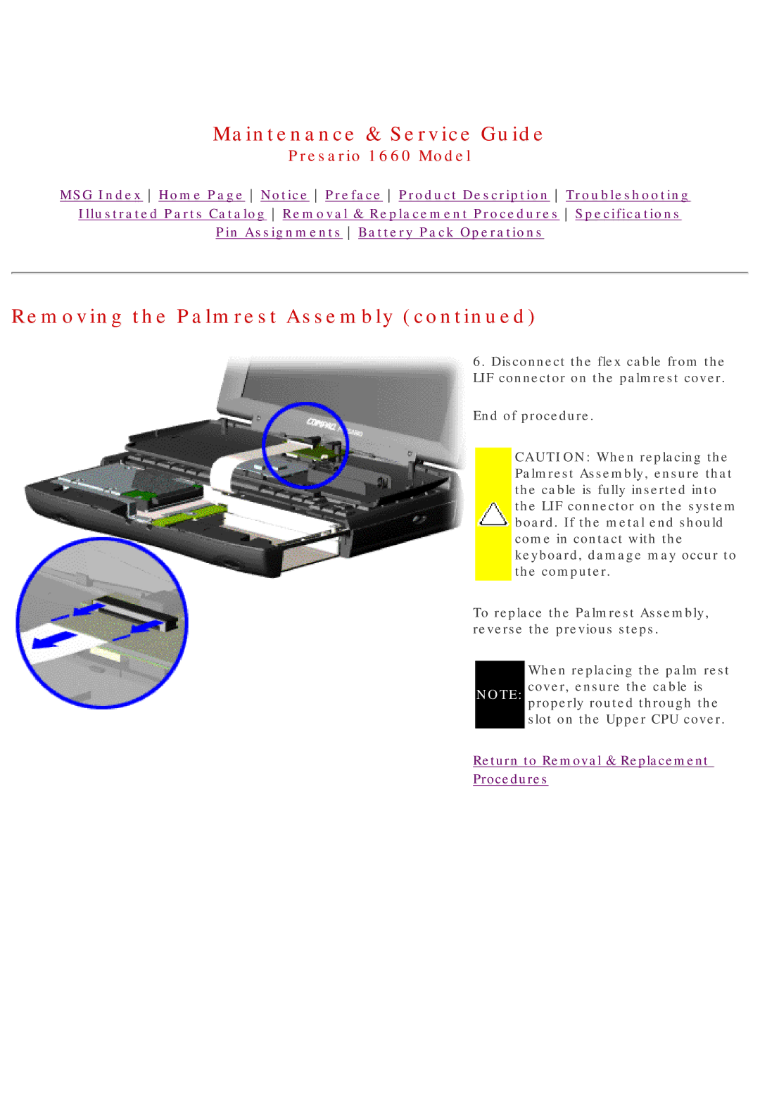 HP 1660 manual Removing the Palmrest Assembly 