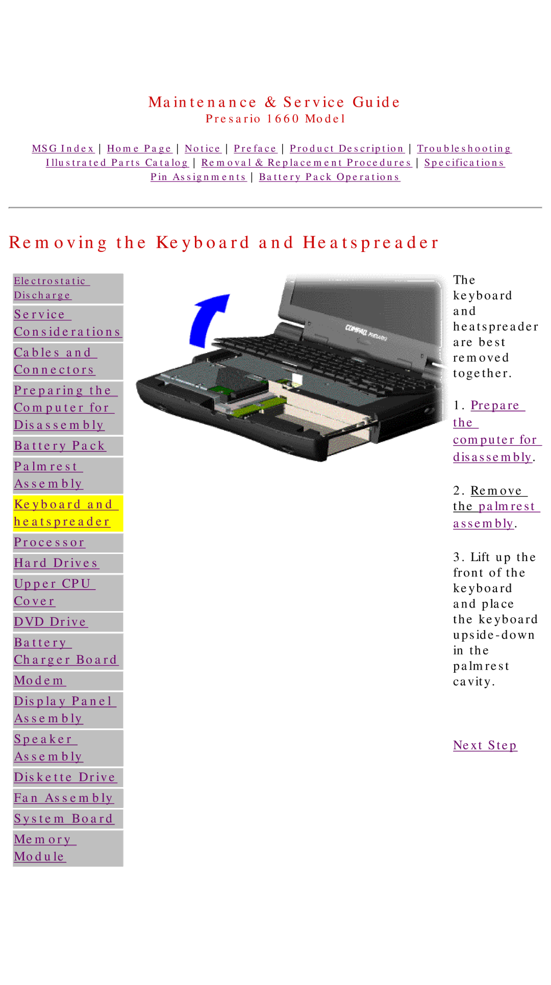 HP 1660 manual Removing the Keyboard and Heatspreader 