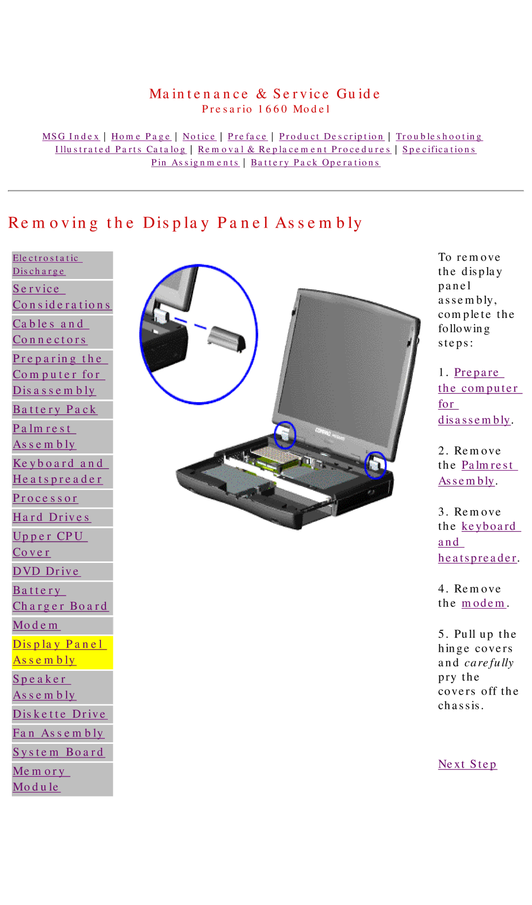 HP 1660 manual Removing the Display Panel Assembly 