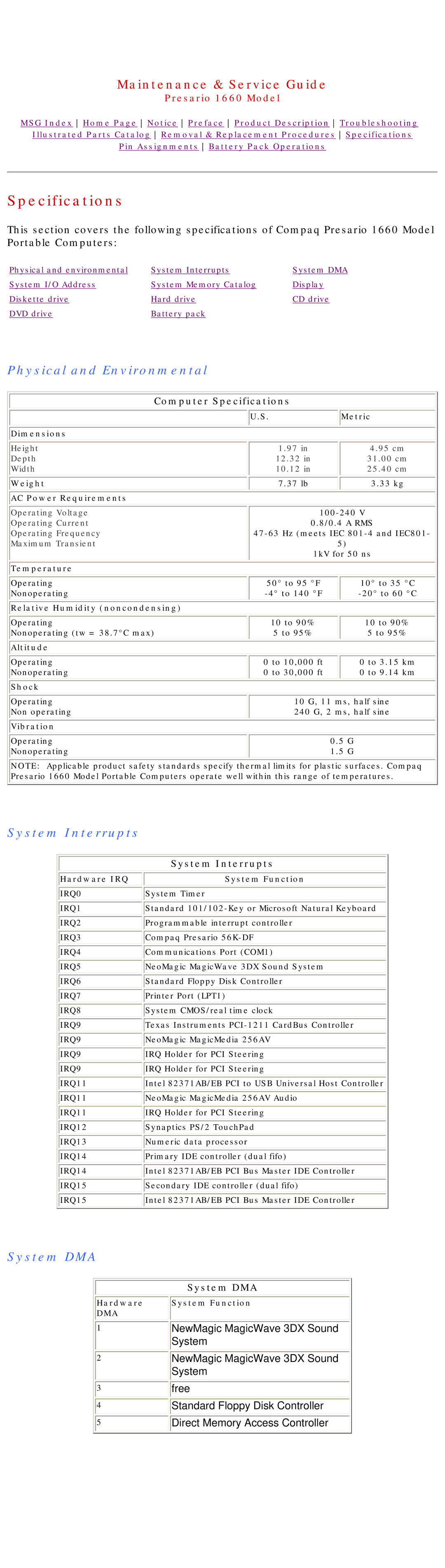 HP 1660 manual Specifications, Physical and Environmental 