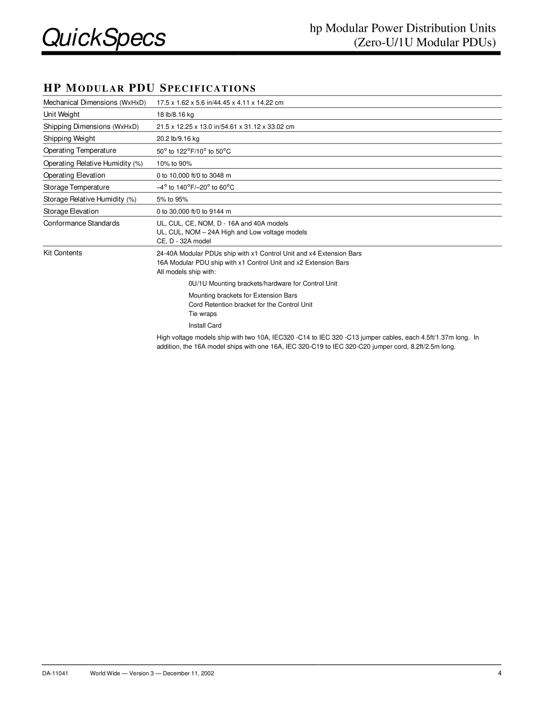 HP 16A, 32A manual HP Modular PDU Specifications 