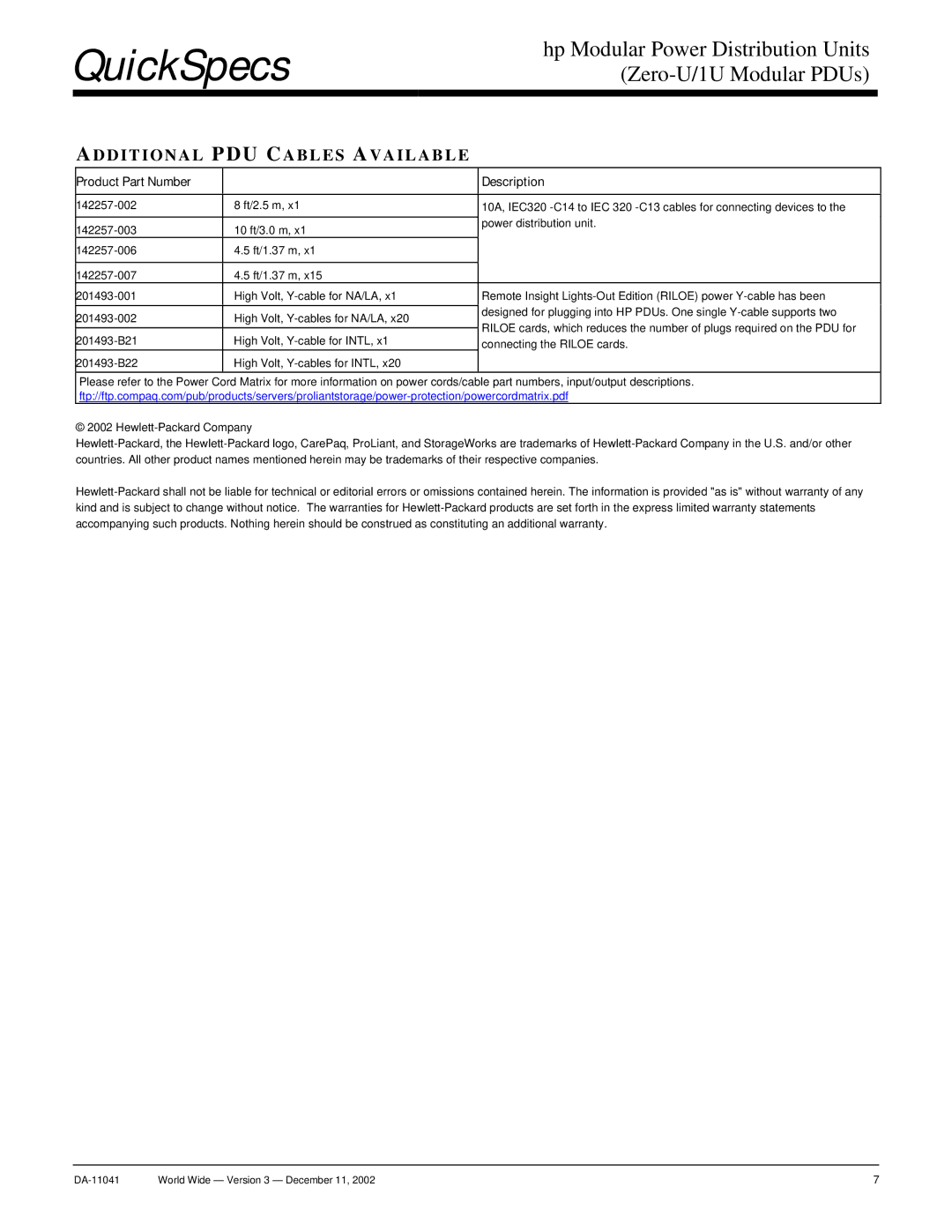 HP 32A, 16A manual Additional PDU Cables Available, Product Part Number Description 