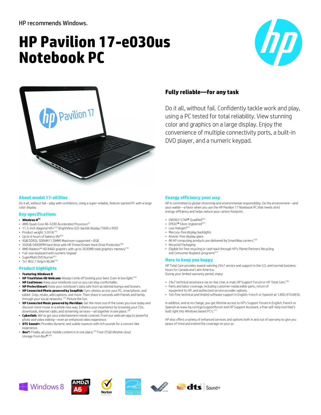 HP 17-e03us 17-e030us manual About model 17-e030us, Key specifications, Product highlights, Energy efficiency your way 