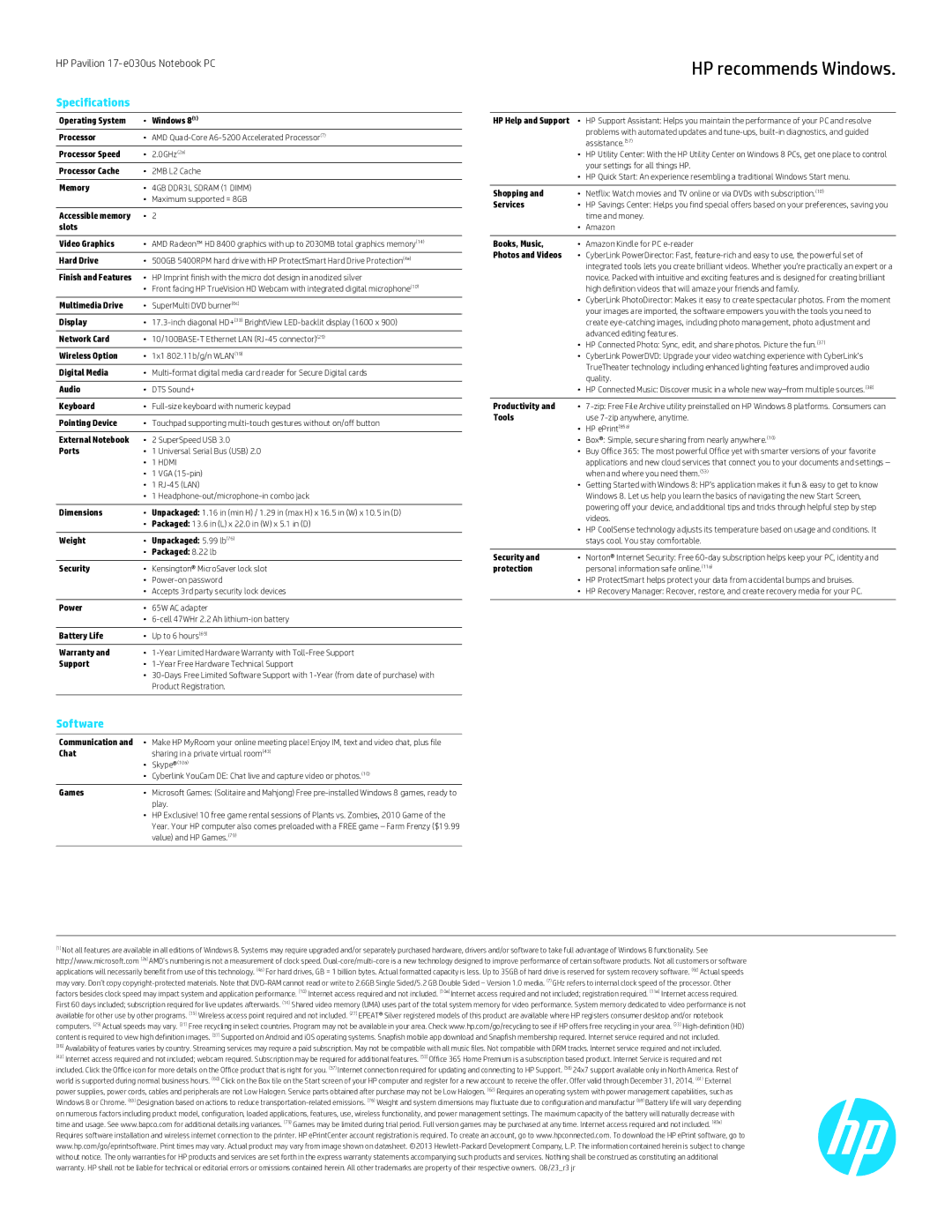 HP 17-e03us 17-e030us Operating System Windows Processor, Processor Speed, Processor Cache, Memory, Hard Drive, Display 