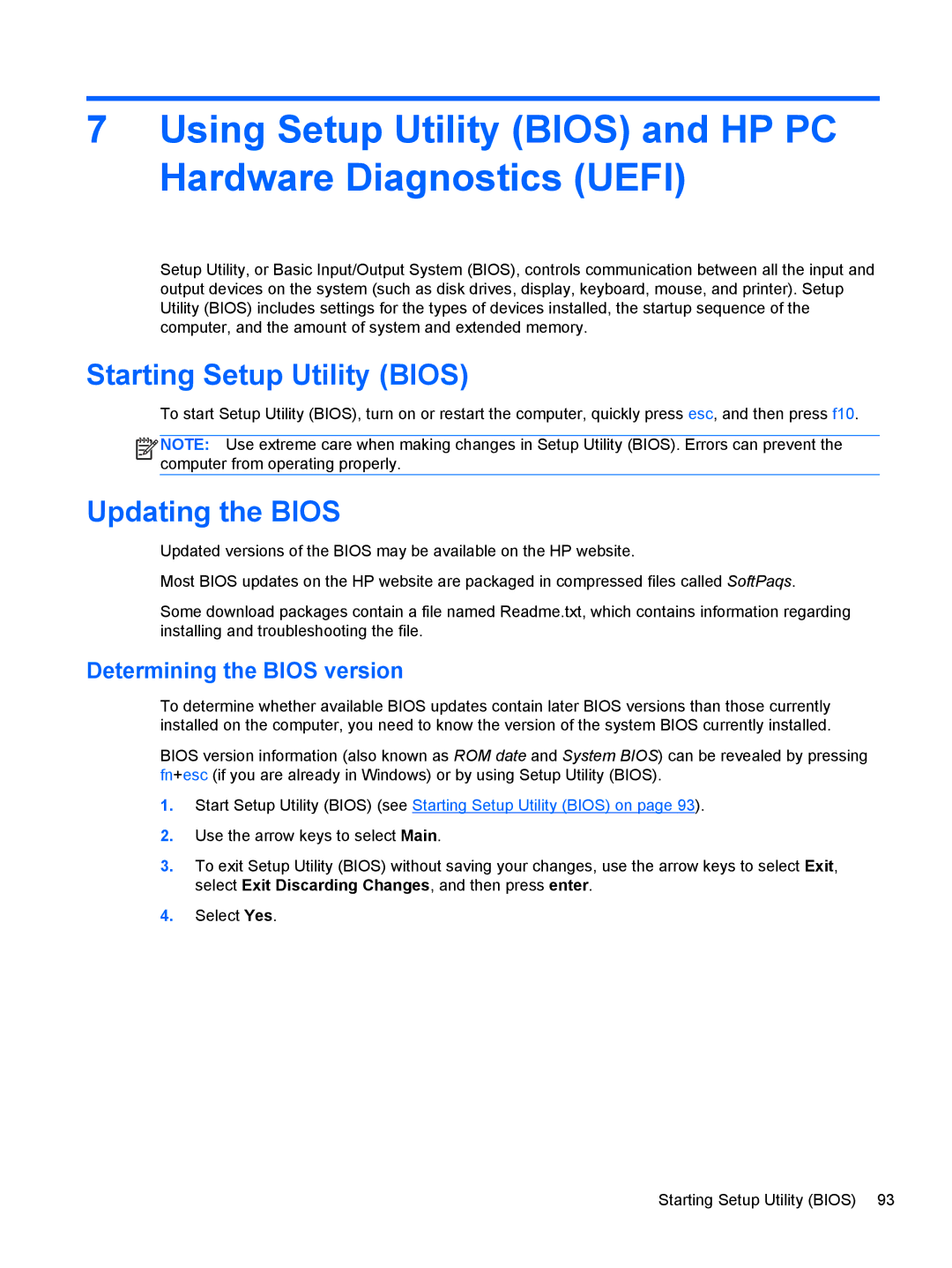 HP 17-e020us E0J81UAABA, 17 E0J83UAABA manual Starting Setup Utility Bios, Updating the Bios, Determining the Bios version 