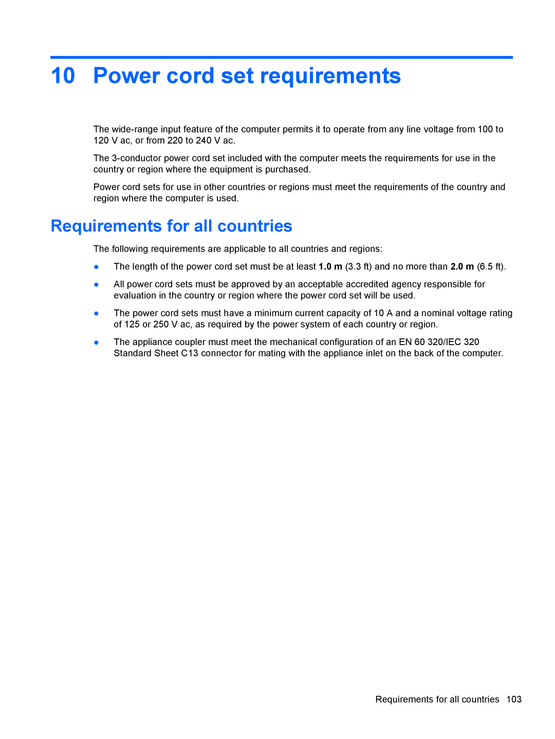 HP 17-e020us E0J81UAABA, 17 E0J83UAABA, 17 E0J92UAABA manual Power cord set requirements, Requirements for all countries 