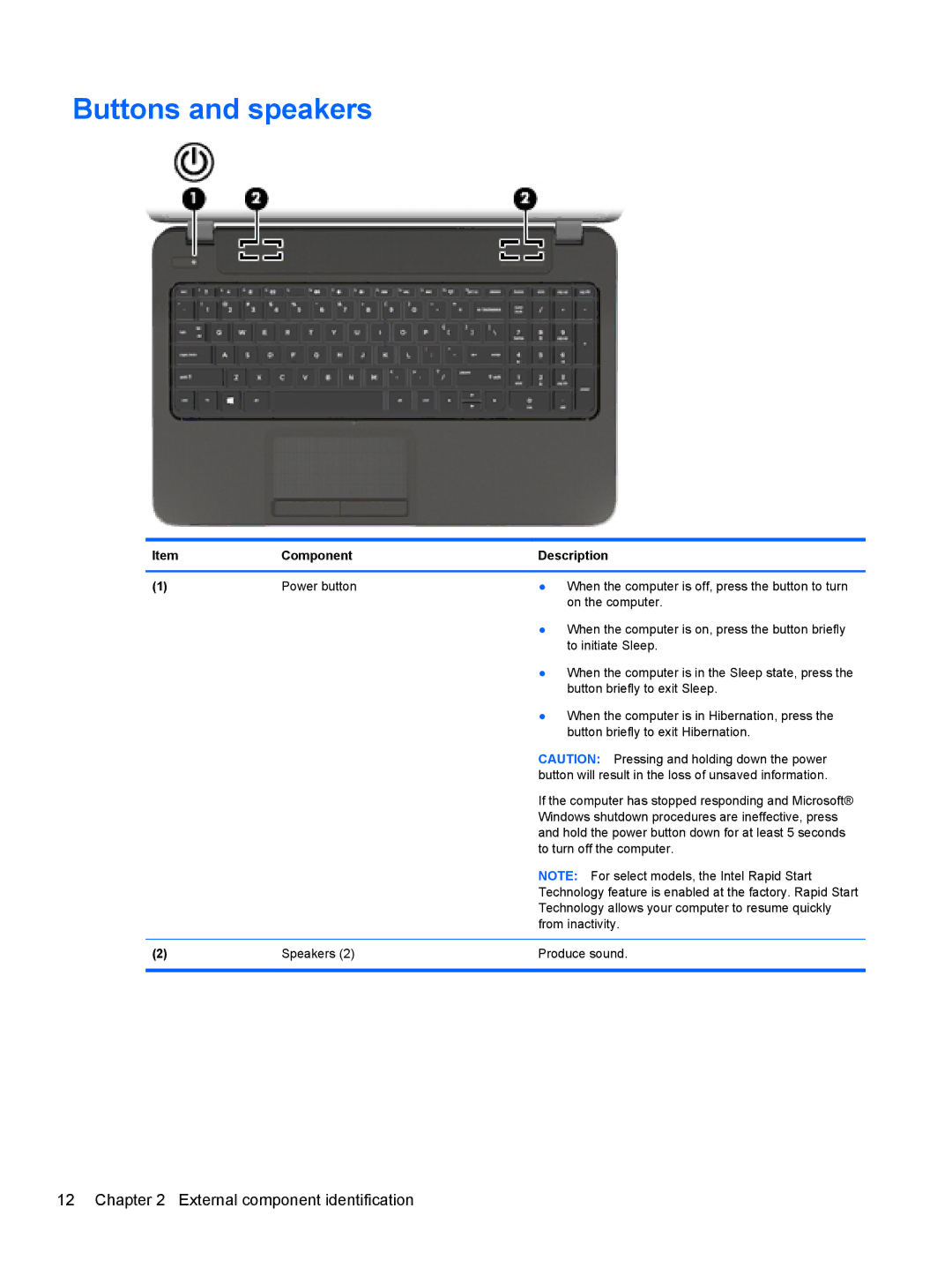 HP 17 E0J75UA, 17 E0J83UAABA, 17 E0J92UAABA, 17-e020us E0J81UAABA, 17-e010US E0J61UA#ABA manual Buttons and speakers 