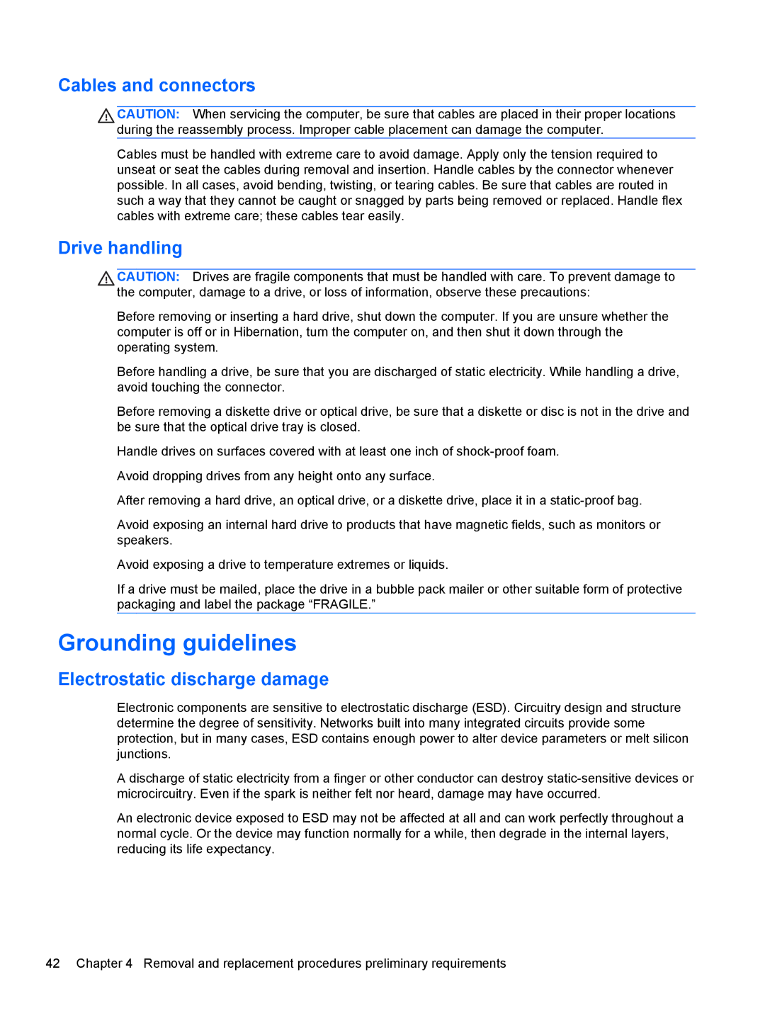 HP 17 E0J75UA, 17 E0J83UAABA Grounding guidelines, Cables and connectors, Drive handling, Electrostatic discharge damage 