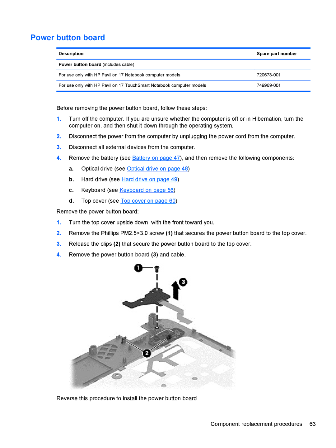 HP 17-e020us E0J81UAABA, 17 E0J83UAABA, 17 E0J92UAABA, 17 E0J75UA, 17-e010US E0J61UA#ABA manual Power button board 