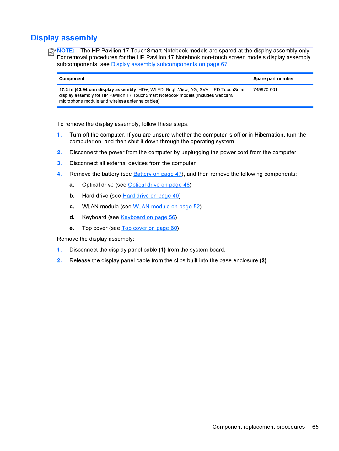 HP 17 E0J83UAABA, 17 E0J92UAABA, 17 E0J75UA, 17-e020us E0J81UAABA manual Display assembly, Component Spare part number 