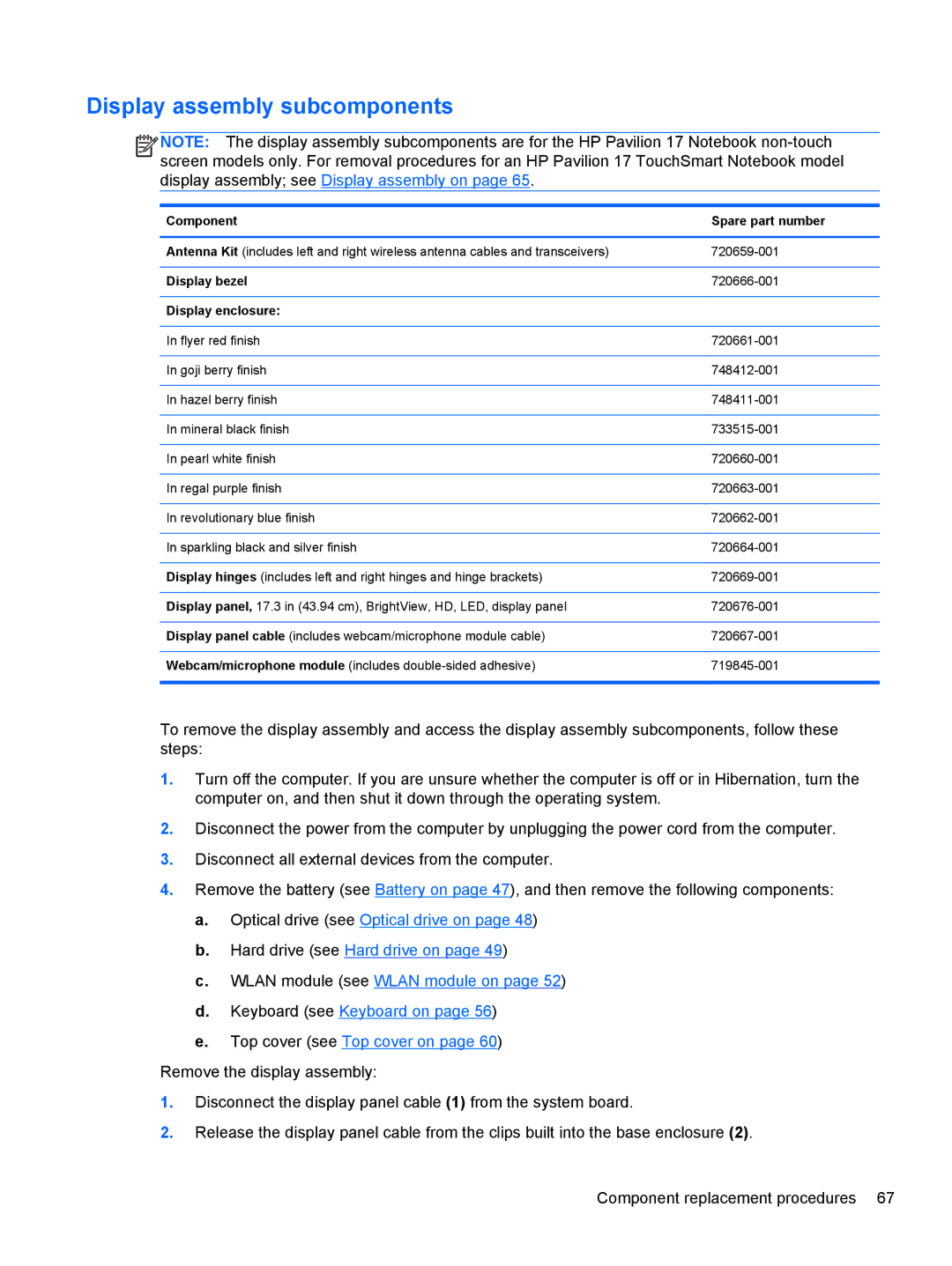 HP 17 E0J75UA, 17 E0J83UAABA, 17 E0J92UAABA, 17-e020us E0J81UAABA manual Display assembly subcomponents, Display bezel 
