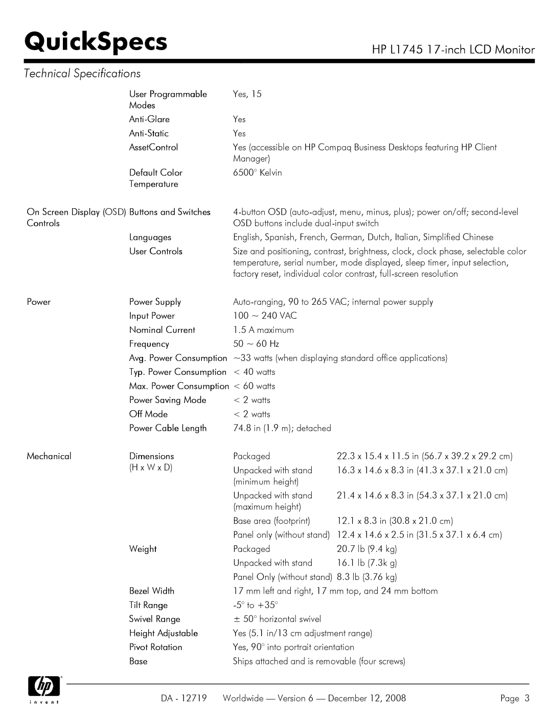 HP 17 INch L1745 User Programmable, Modes Anti-Glare, Anti-Static, AssetControl, Default Color, Temperature, Controls 