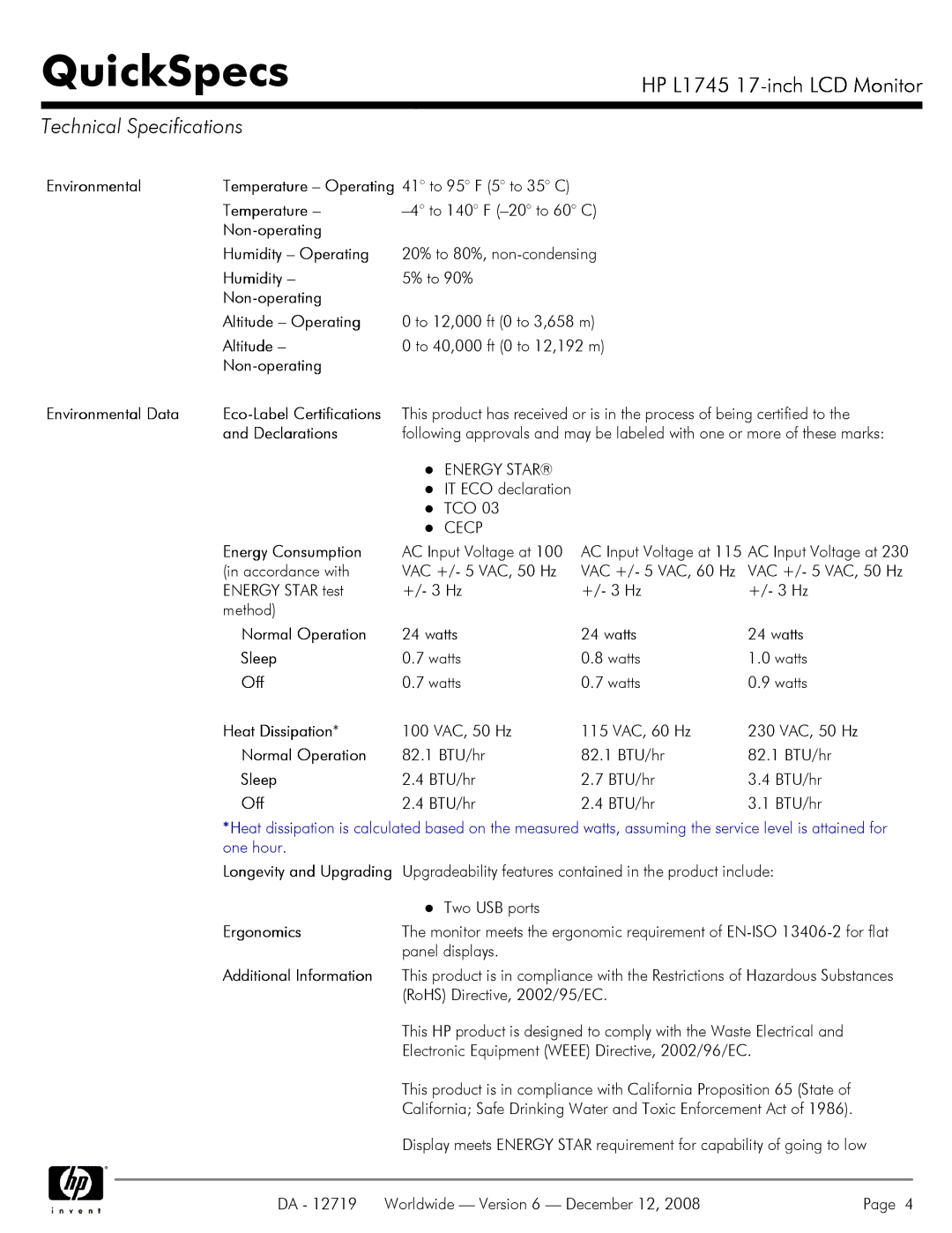 HP 17 INch L1745 Environmental, Non-operating Humidity Operating, Non-operating Altitude Operating, Declarations, Sleep 