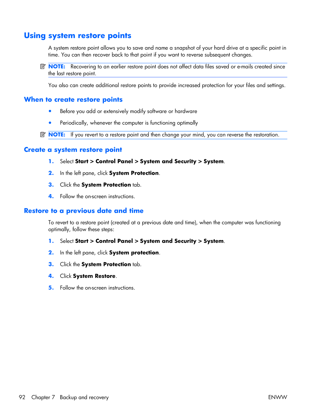 HP 17 manual Using system restore points, When to create restore points 