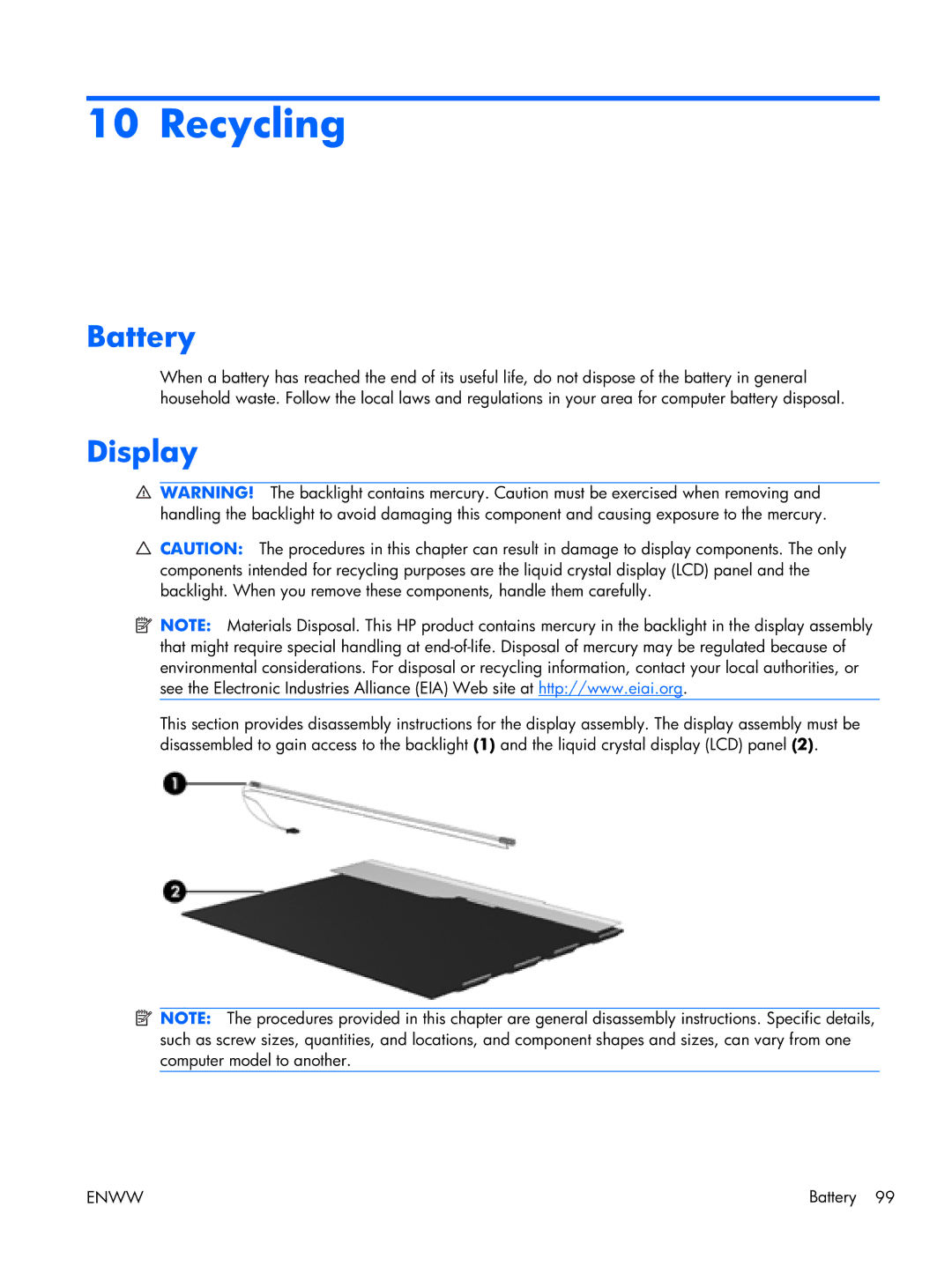 HP 17 manual Recycling, Battery, Display 