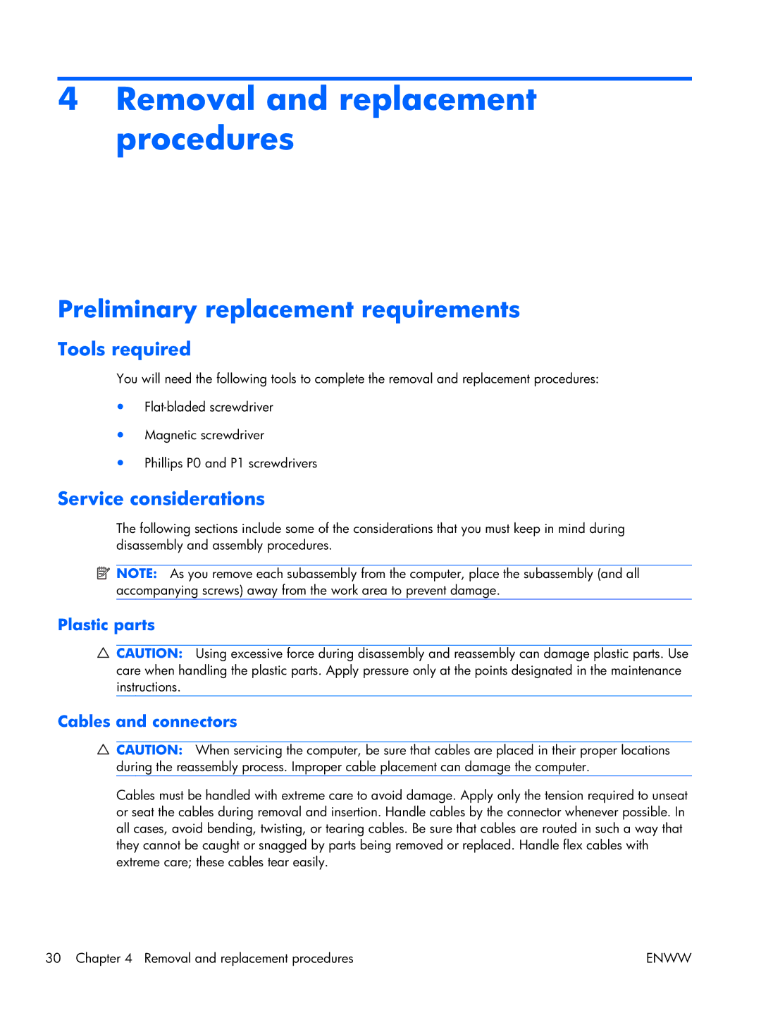 HP 17 Removal and replacement procedures, Preliminary replacement requirements, Tools required, Service considerations 