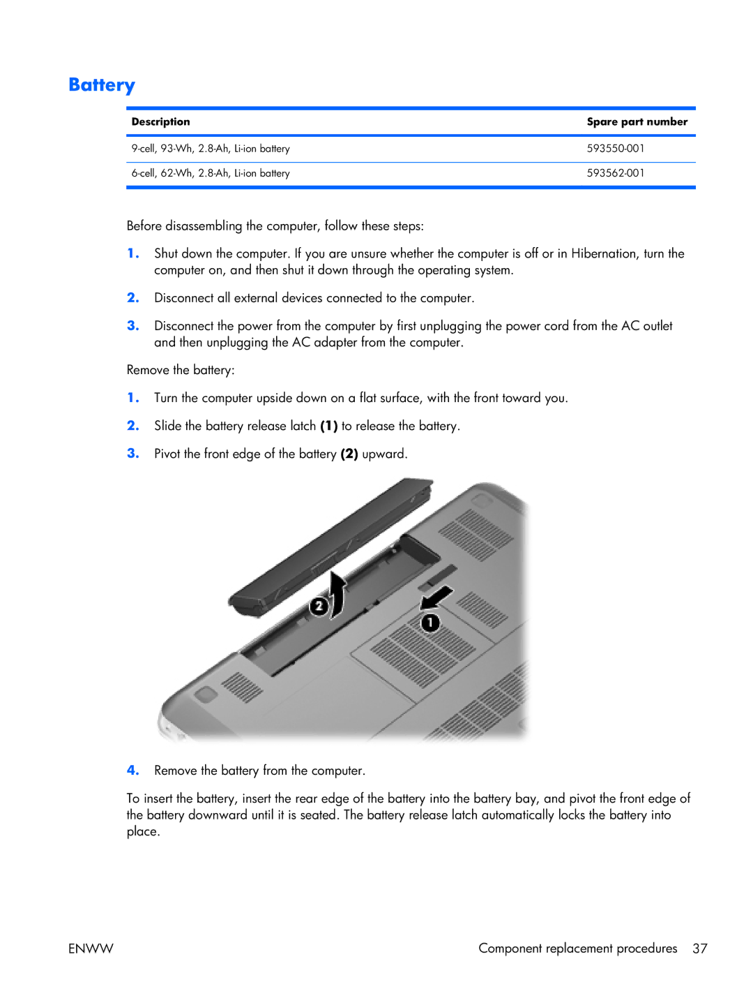 HP 17 manual Battery, Description Spare part number 