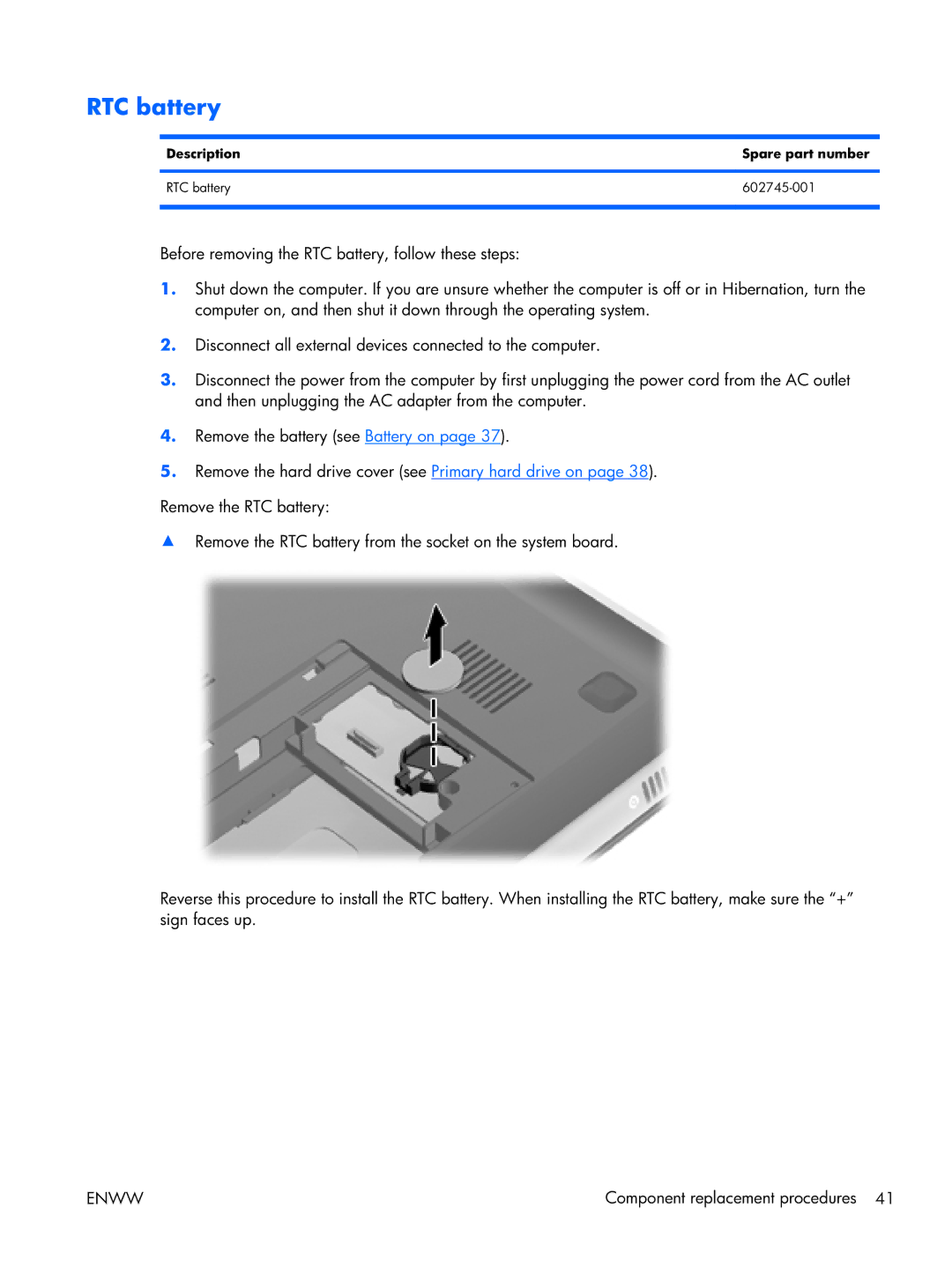 HP 17 manual Description Spare part number RTC battery 602745-001 