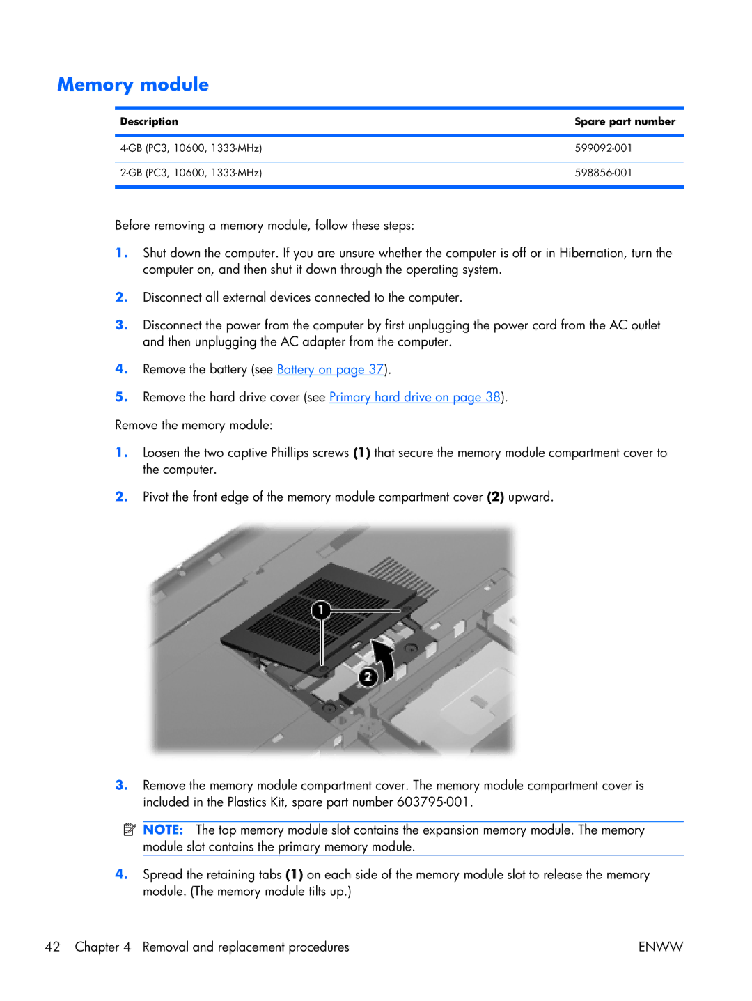 HP 17 manual Memory module, Description Spare part number 