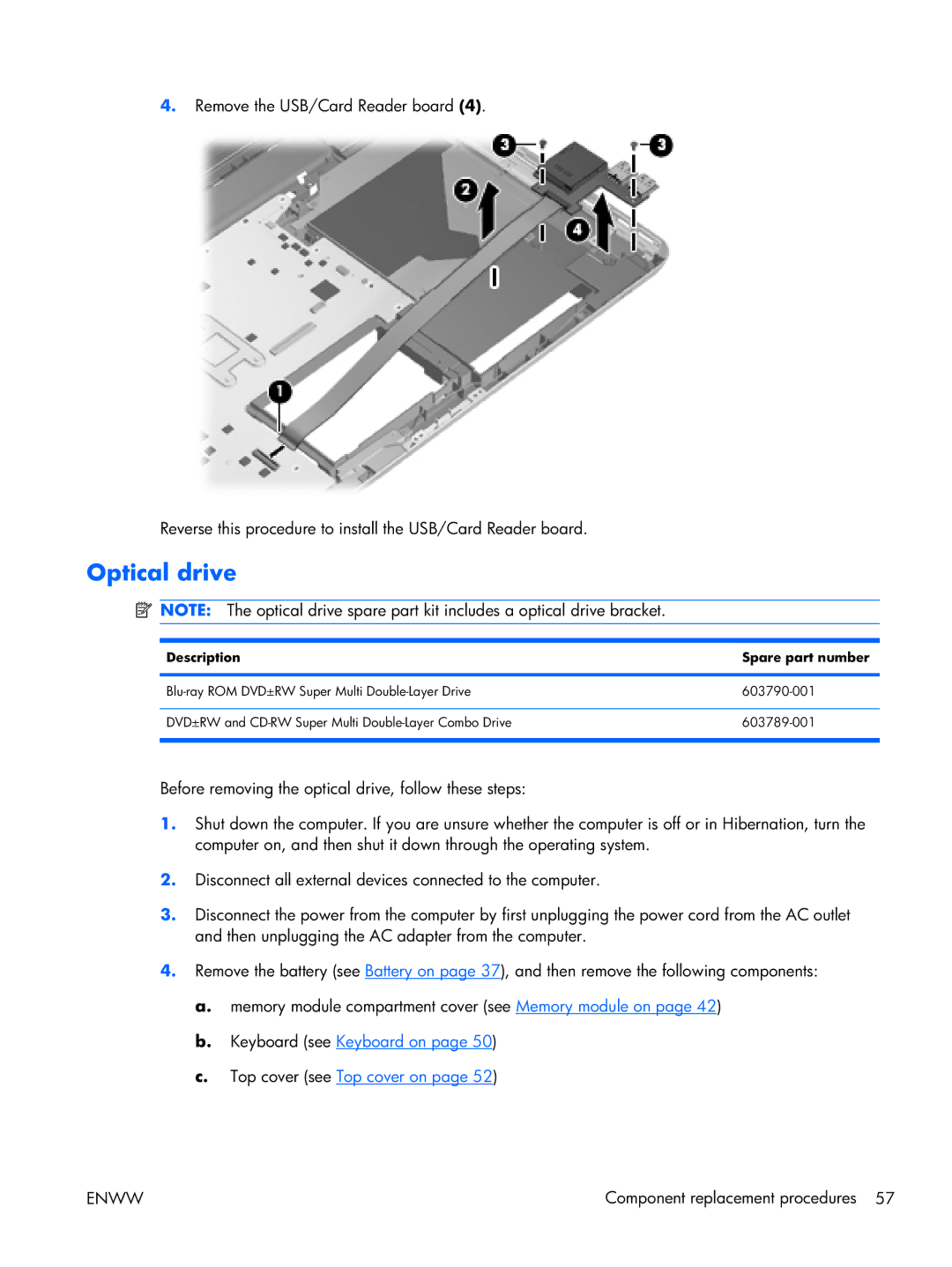 HP 17 manual Optical drive, Description Spare part number 