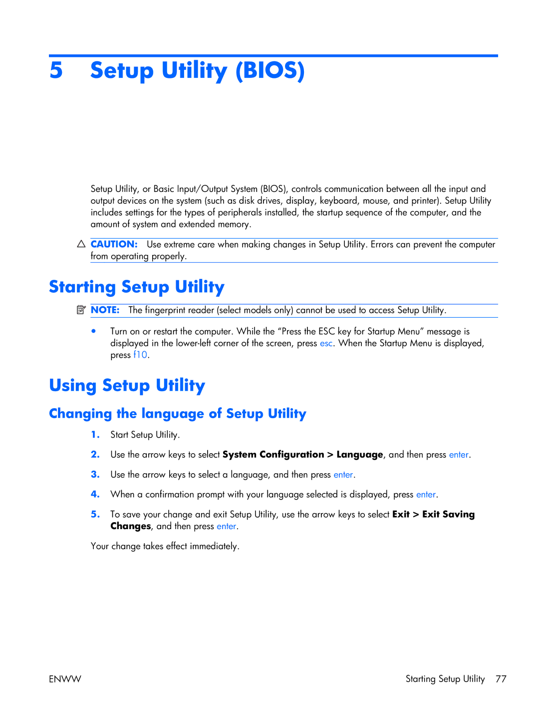 HP 17 manual Setup Utility Bios, Starting Setup Utility, Using Setup Utility, Changing the language of Setup Utility 