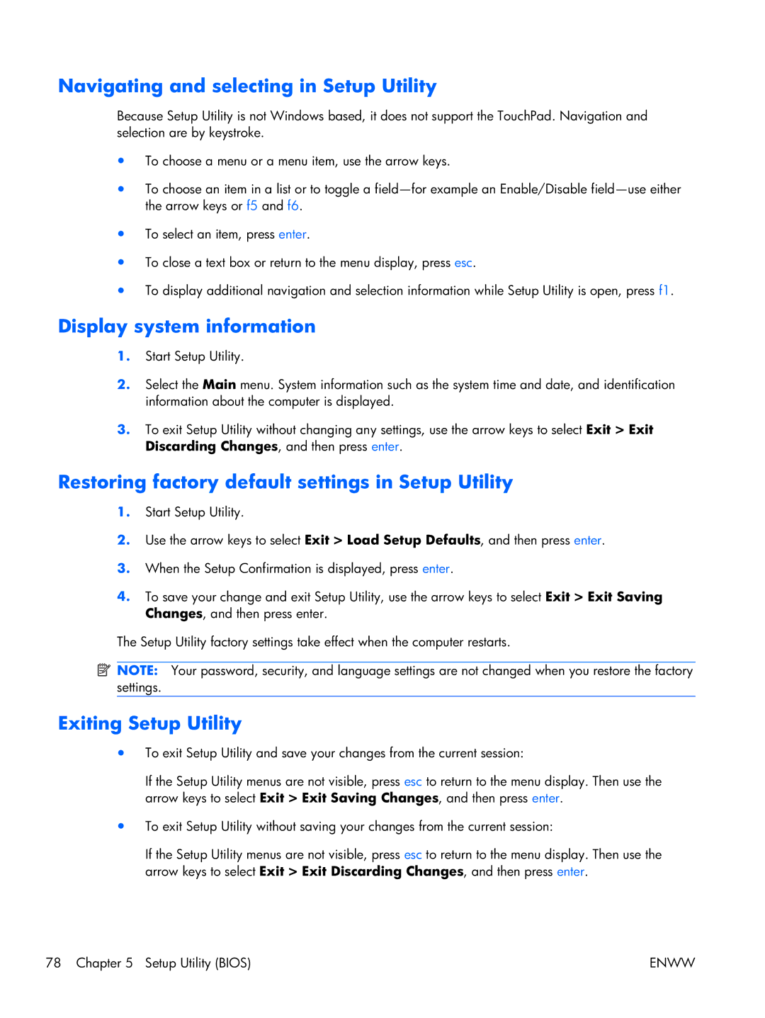 HP 17 manual Navigating and selecting in Setup Utility, Display system information, Exiting Setup Utility 