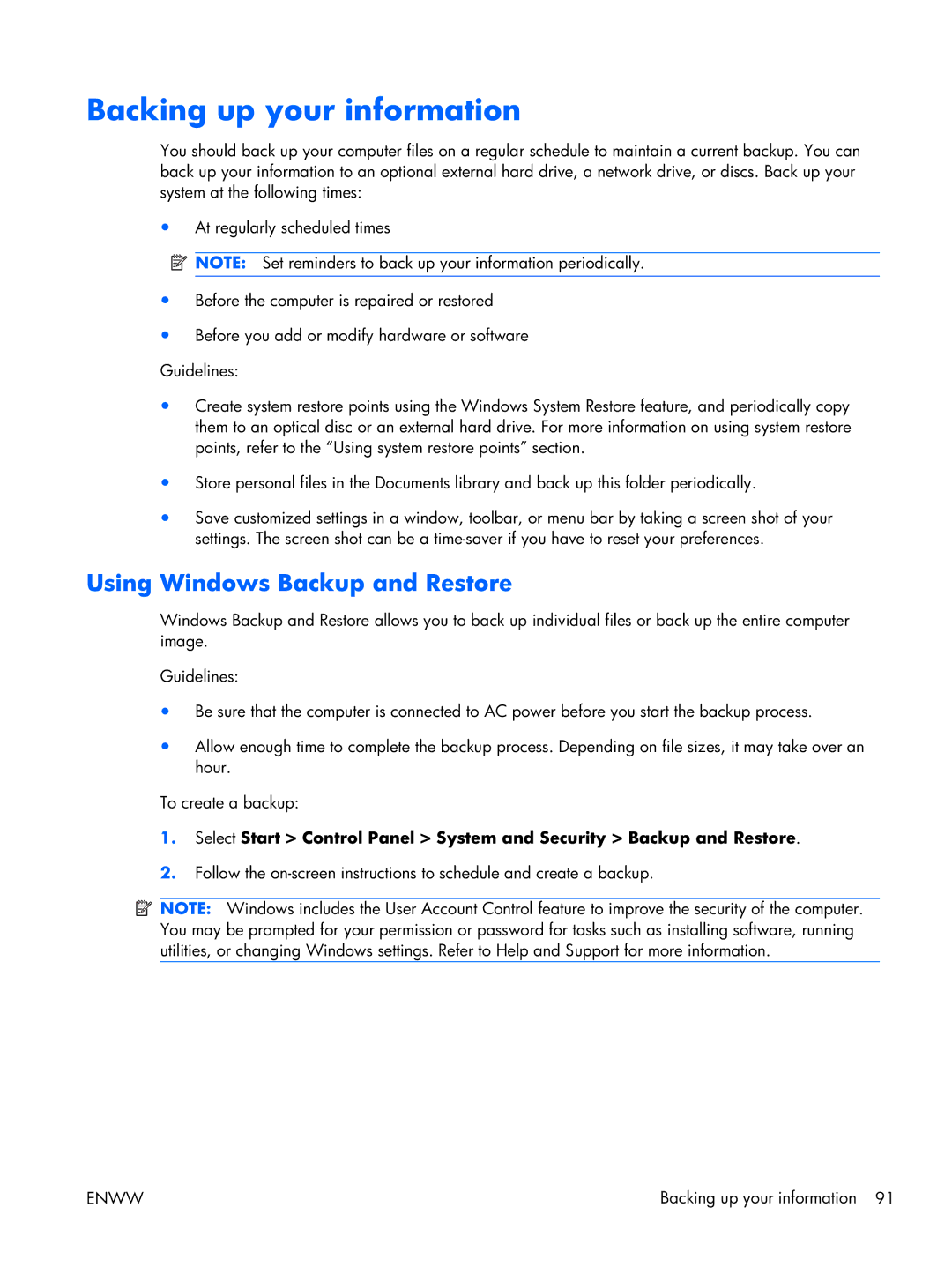 HP 17 manual Backing up your information, Using Windows Backup and Restore 