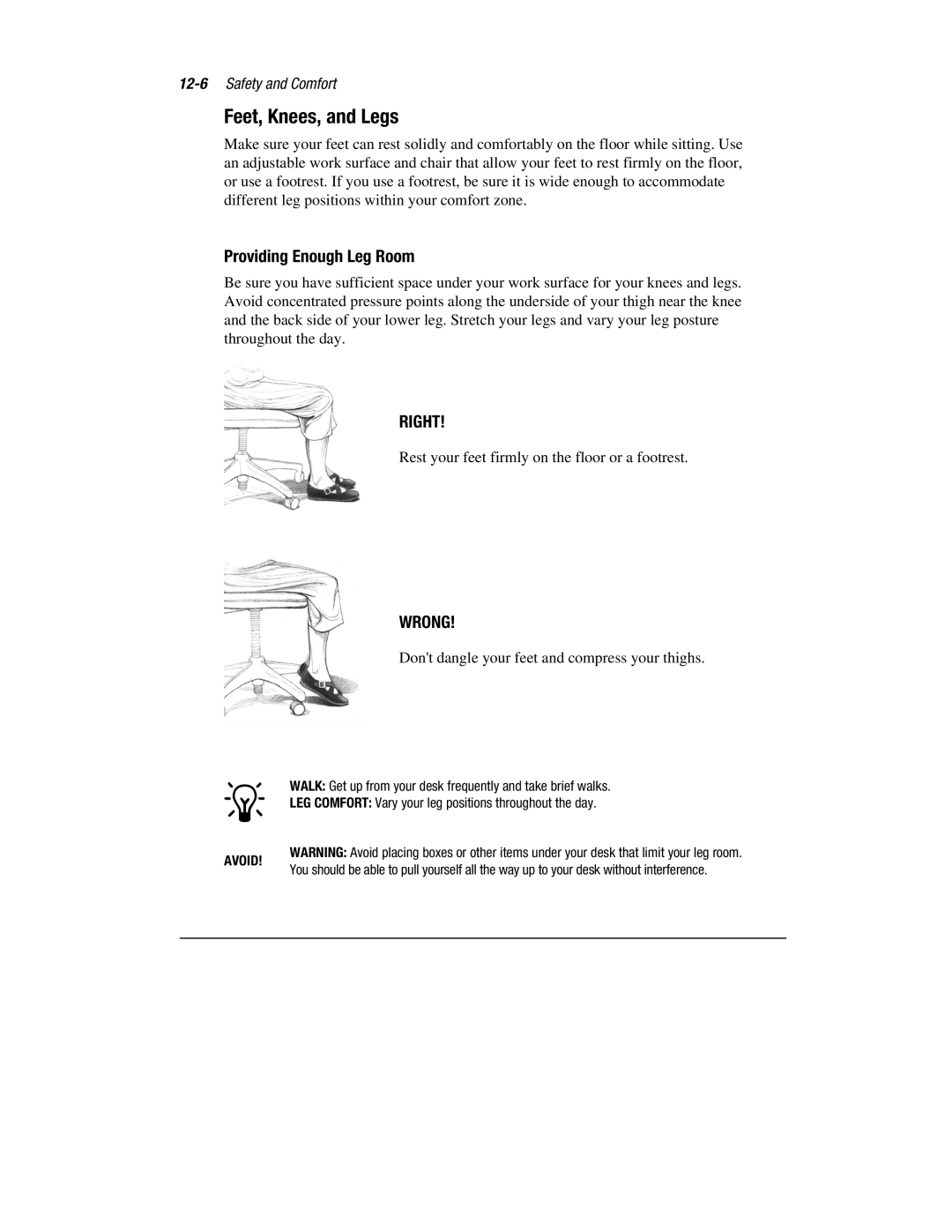 HP 1700T manual Feet, Knees, and Legs, Providing Enough Leg Room 