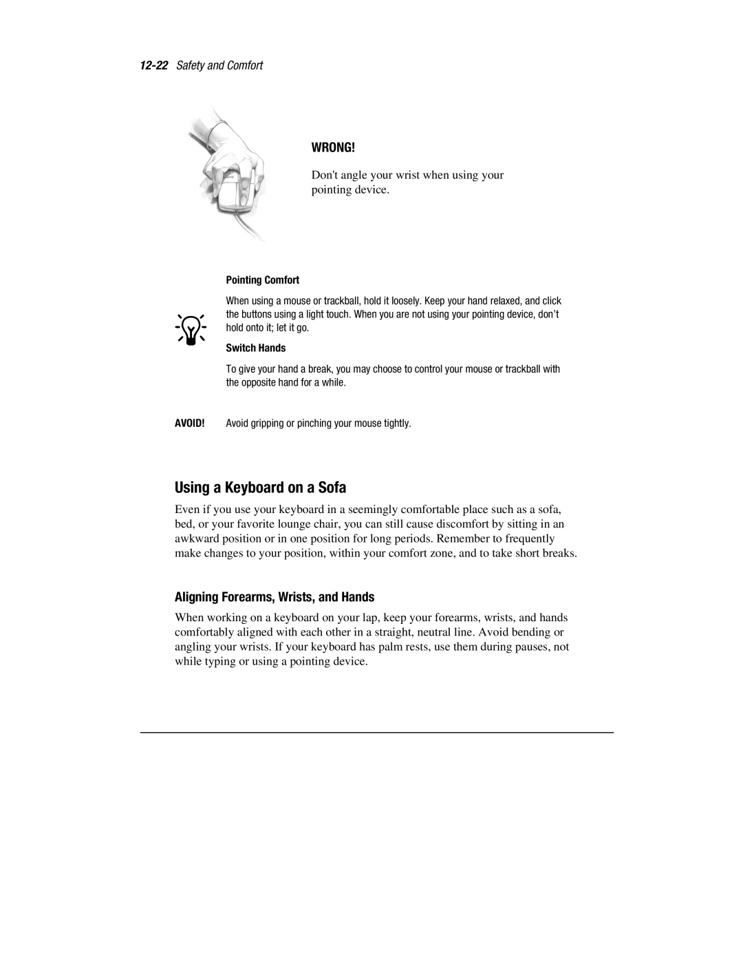 HP 1700T manual Using a Keyboard on a Sofa, Aligning Forearms, Wrists, and Hands, Pointing Comfort, Switch Hands 